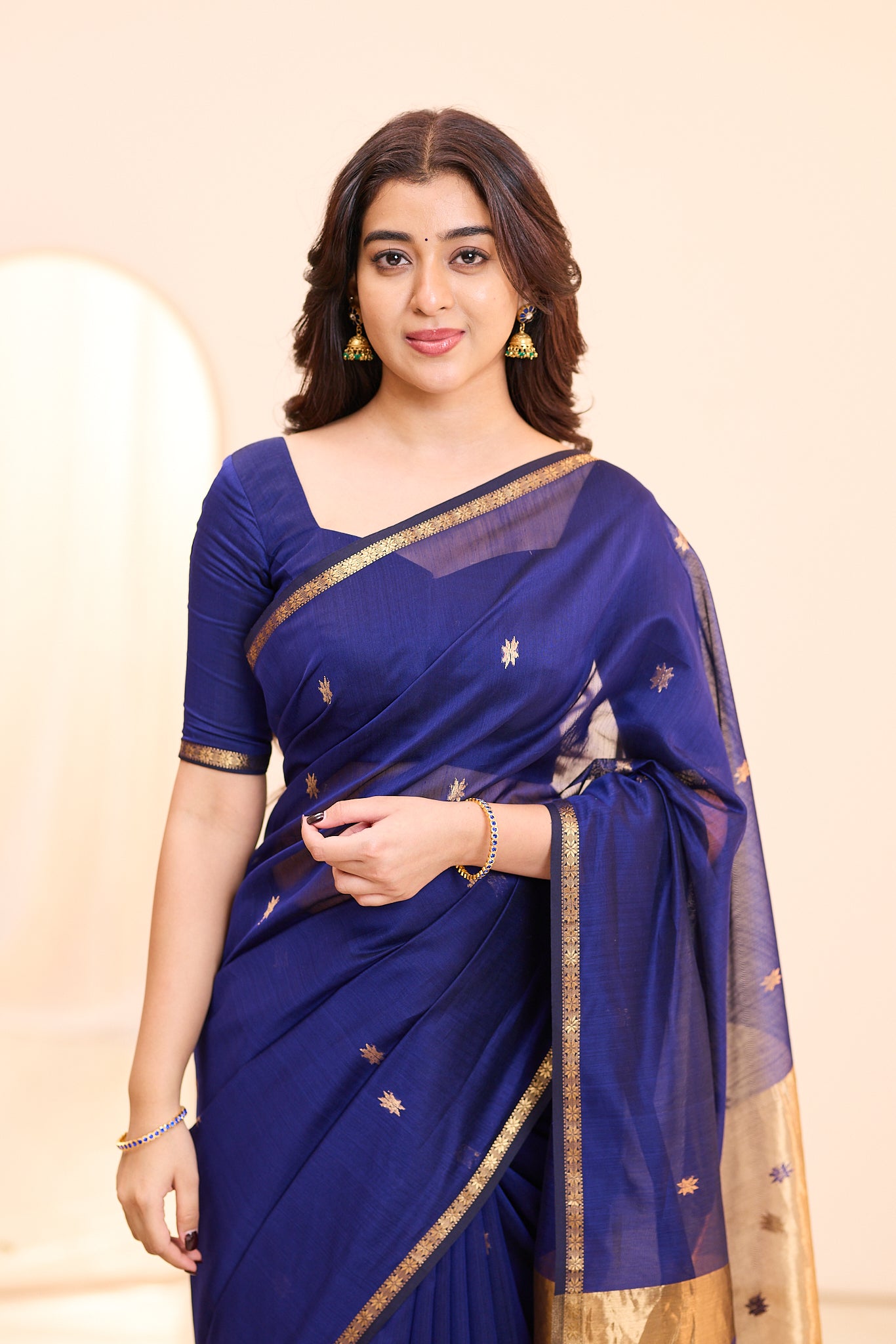 Deep Navy Blue with Antique Gold Maheshwari Silk Cotton Saree
