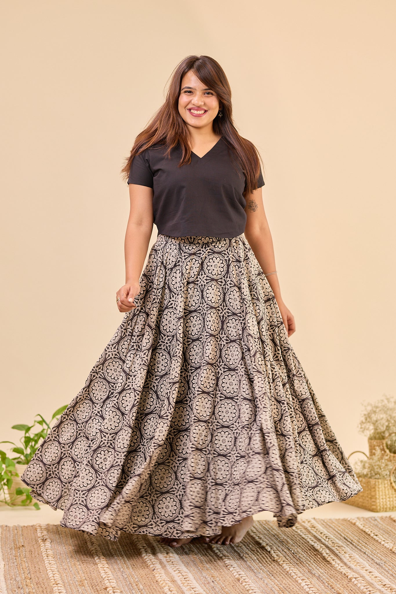 Black Bagru Hand - Block Printed Flared Skirt