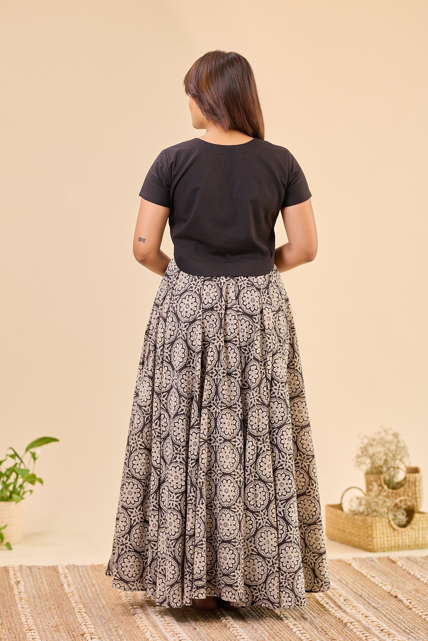 Black Bagru Hand - Block Printed Flared Skirt