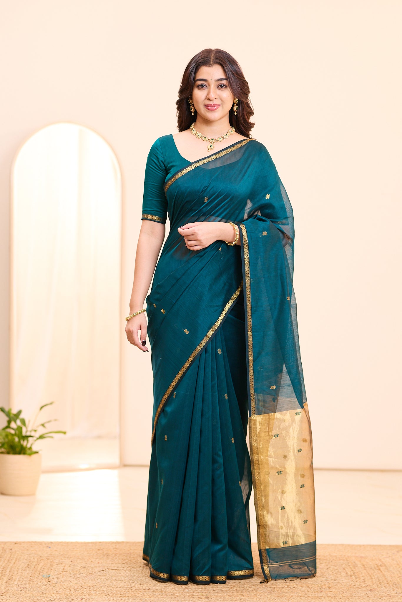 Deep Teal with Antique Gold Maheshwari Silk Cotton Saree