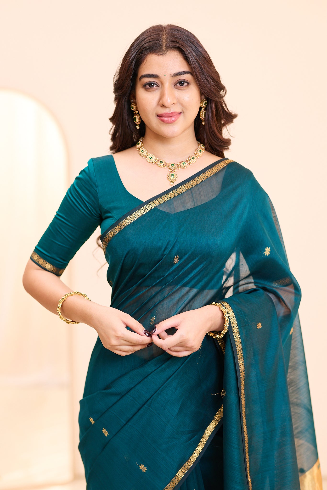 Deep Teal with Antique Gold Maheshwari Silk Cotton Saree