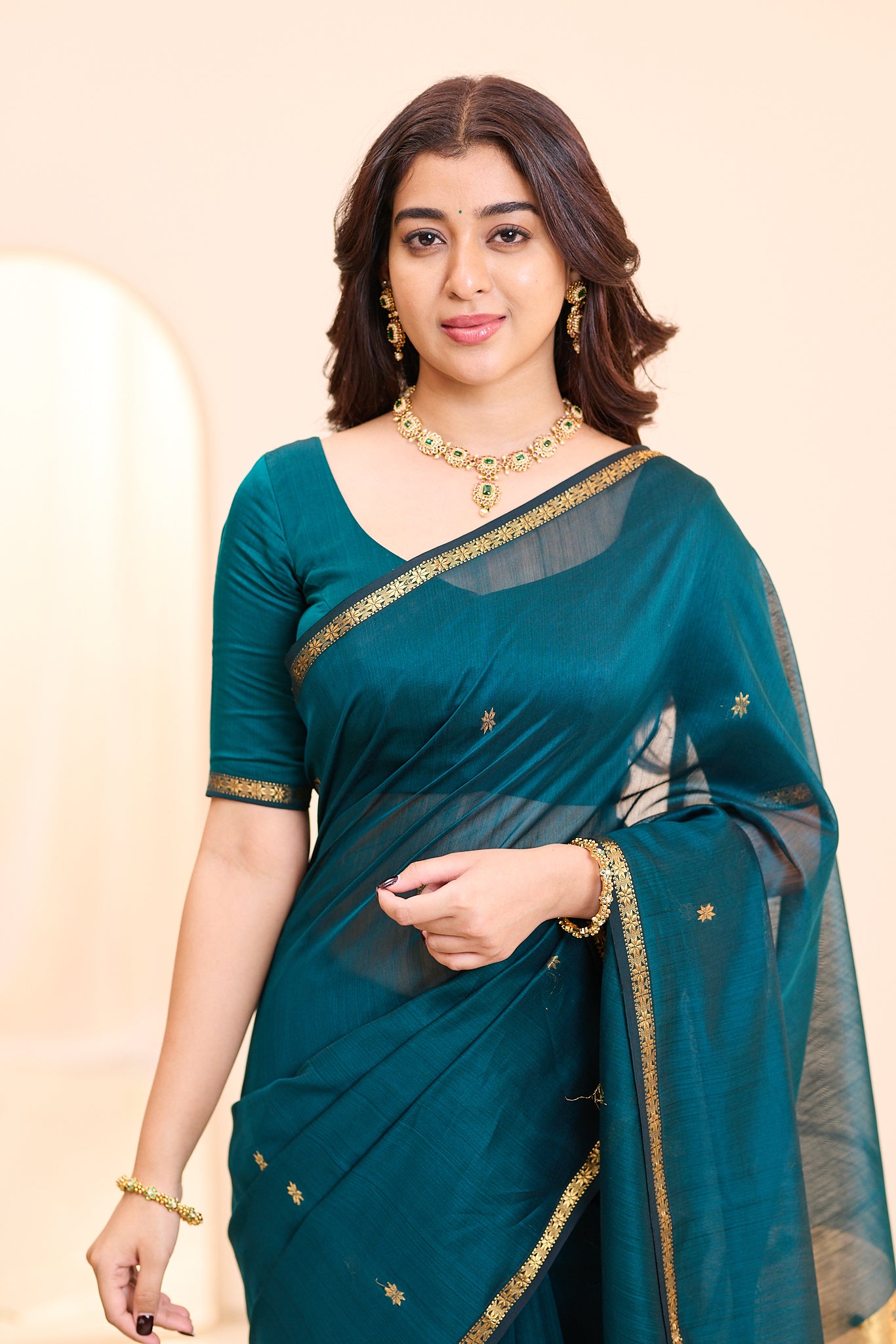 Deep Teal with Antique Gold Maheshwari Silk Cotton Saree