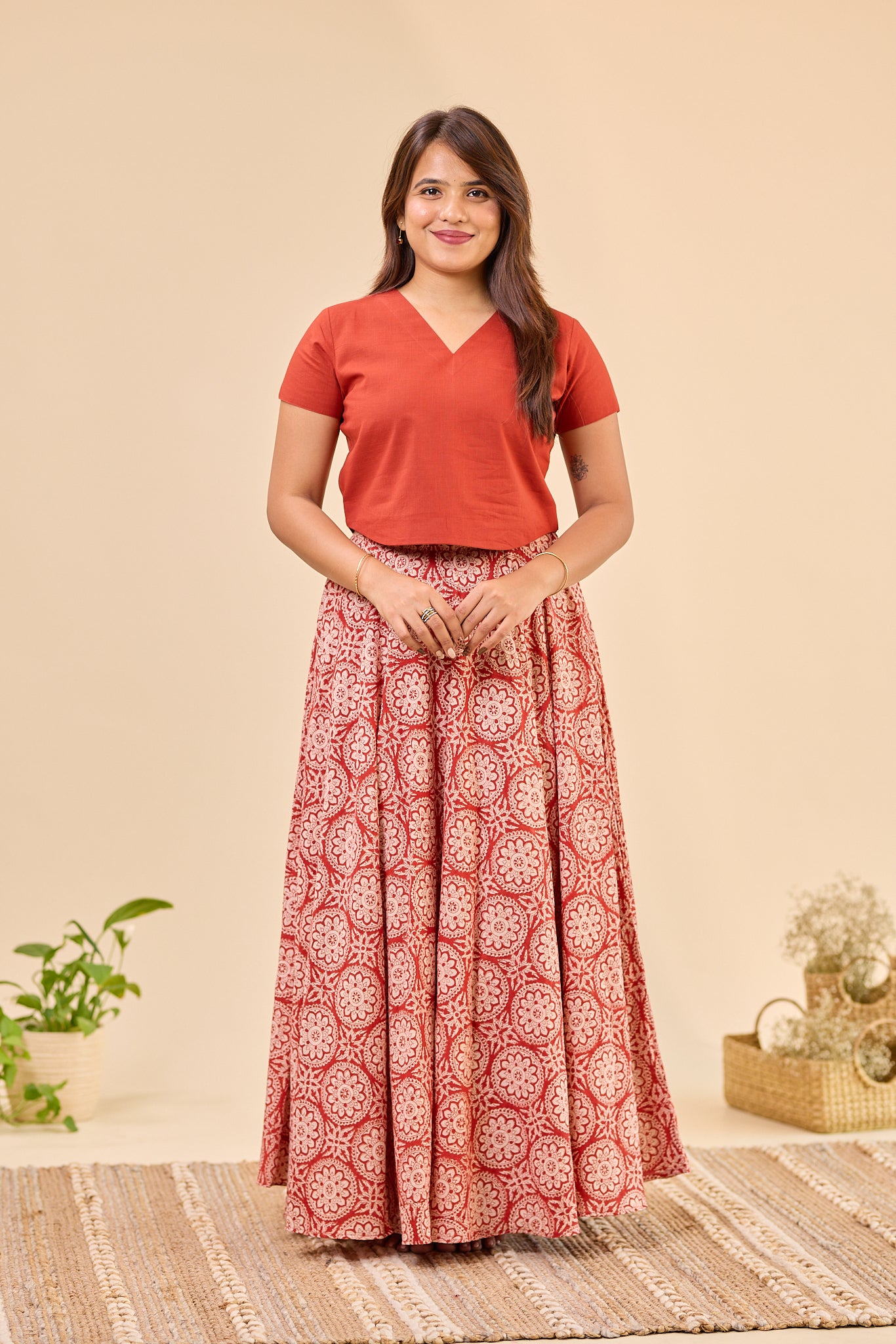 Maroon - Hand Block Printed Flared Skirt