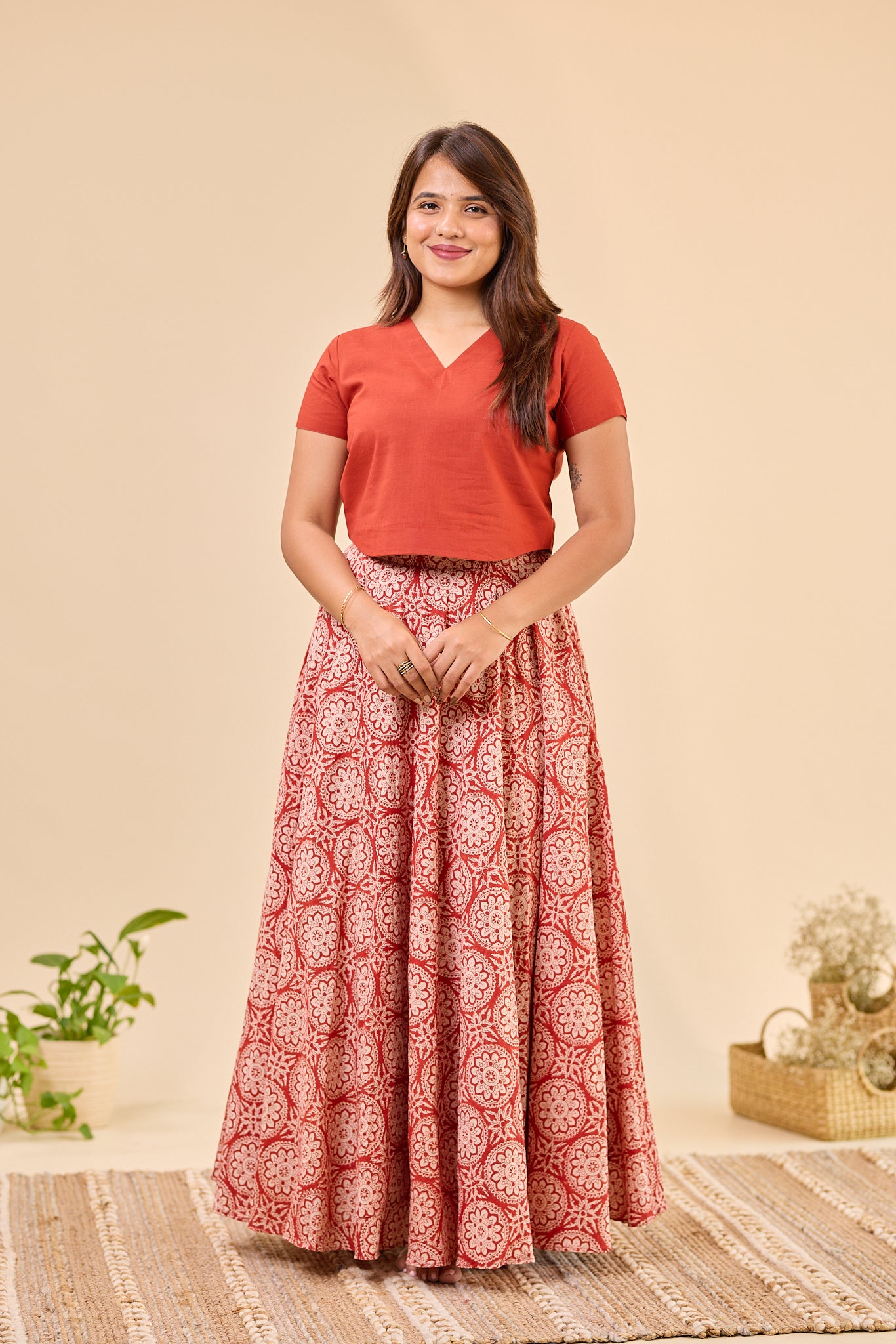 Maroon - Hand Block Printed Flared Skirt
