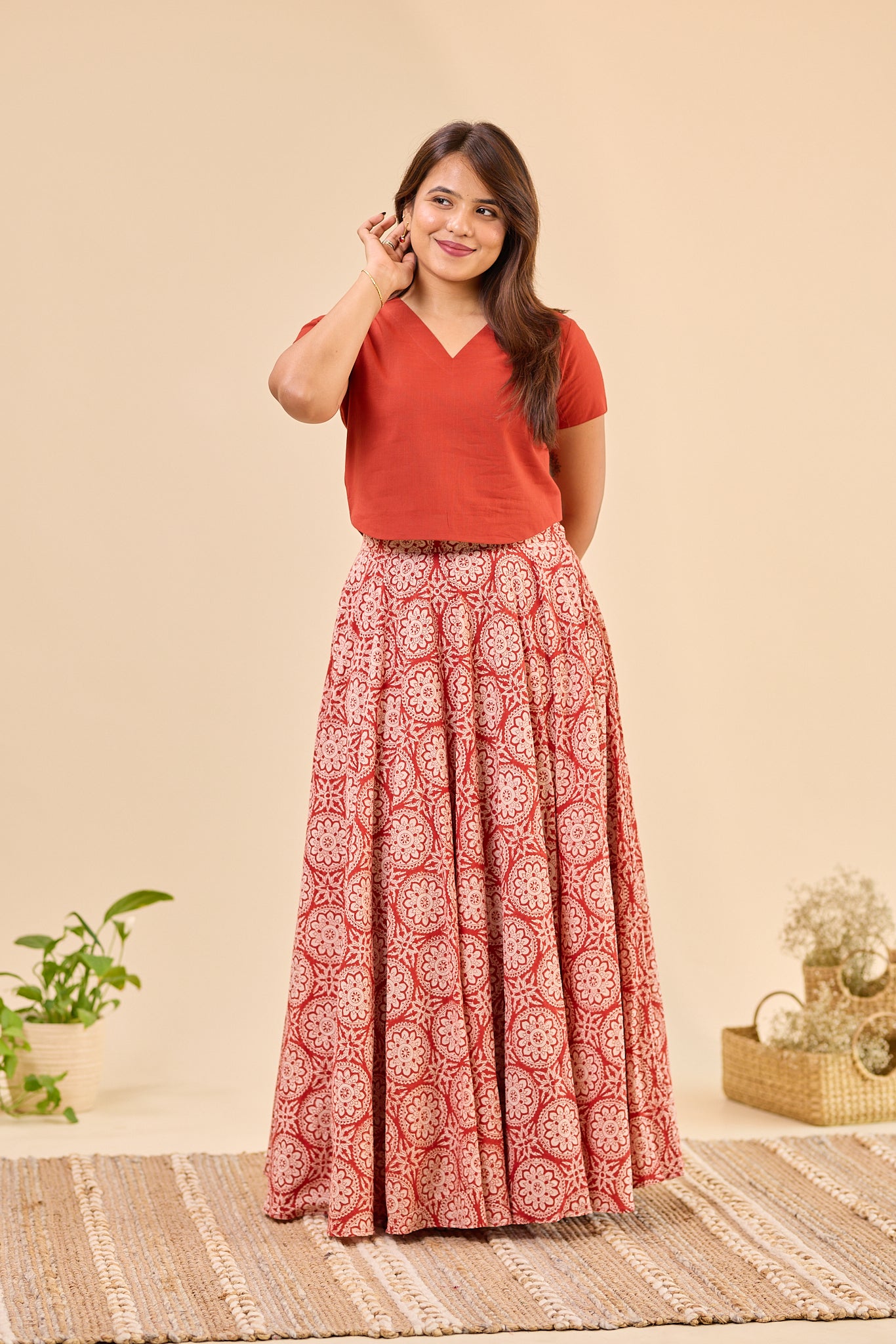 Maroon - Hand Block Printed Flared Skirt