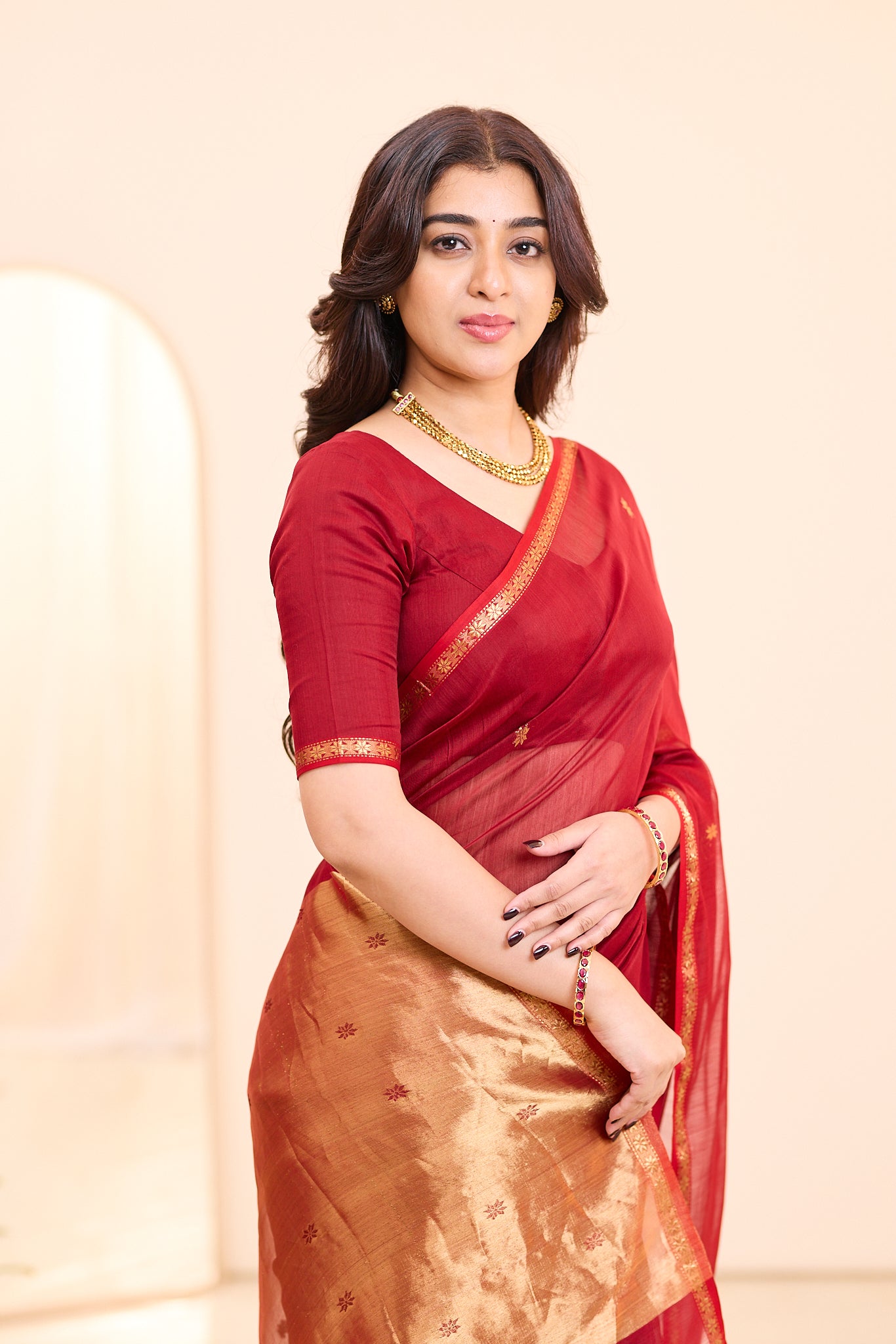 Burgundy Red with Antique Gold Maheshwari Silk Cotton Saree
