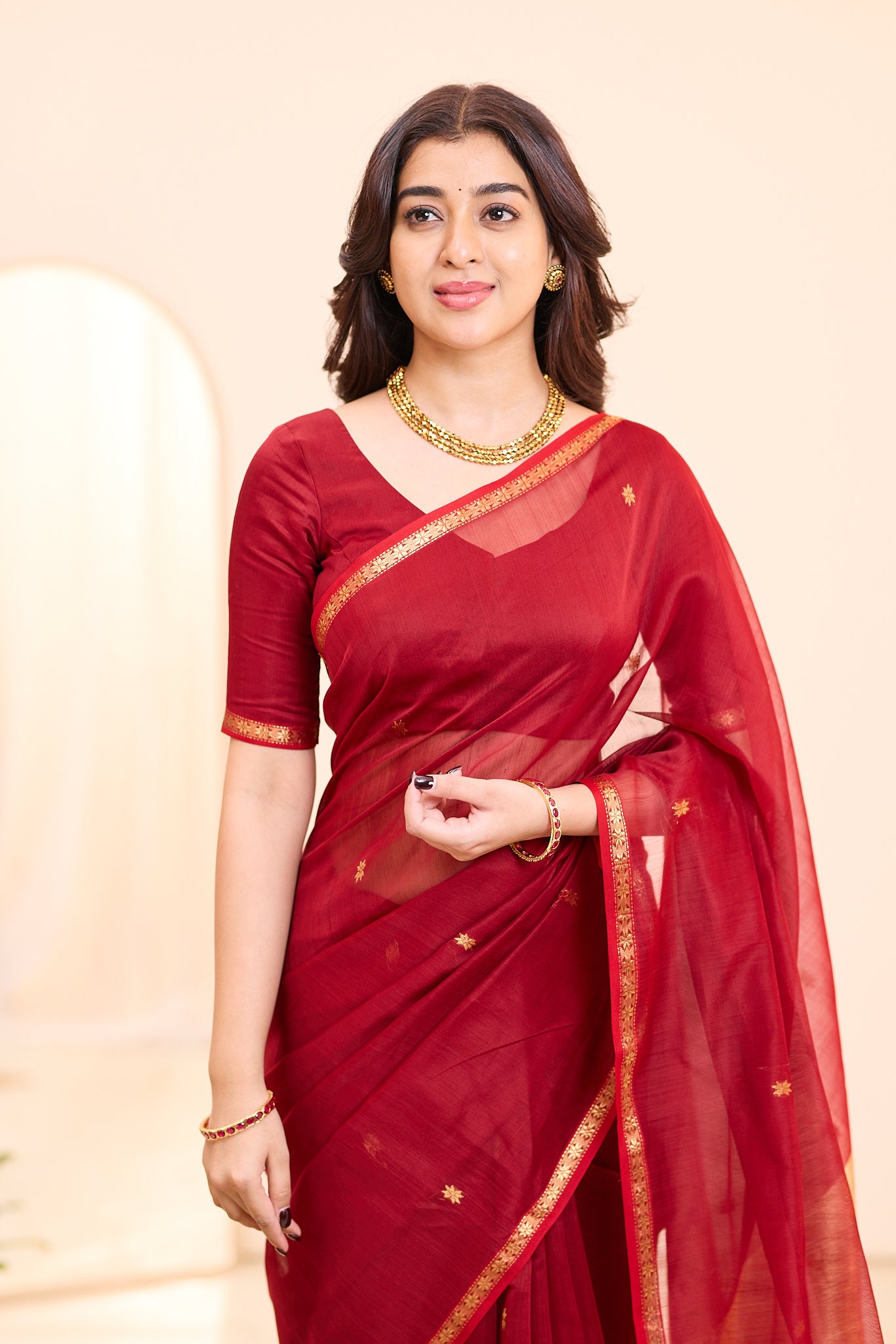Burgundy Red with Antique Gold Maheshwari Silk Cotton Saree