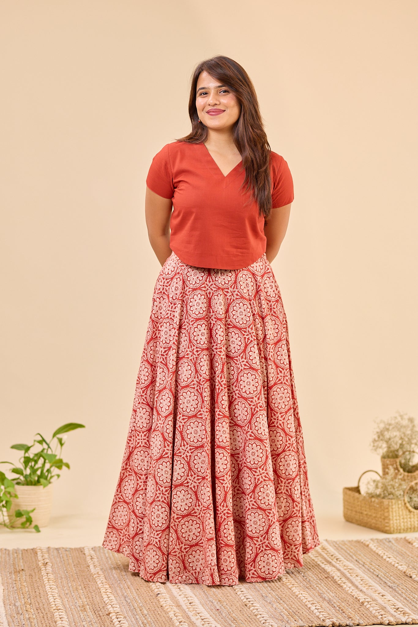Maroon - Hand Block Printed Flared Skirt
