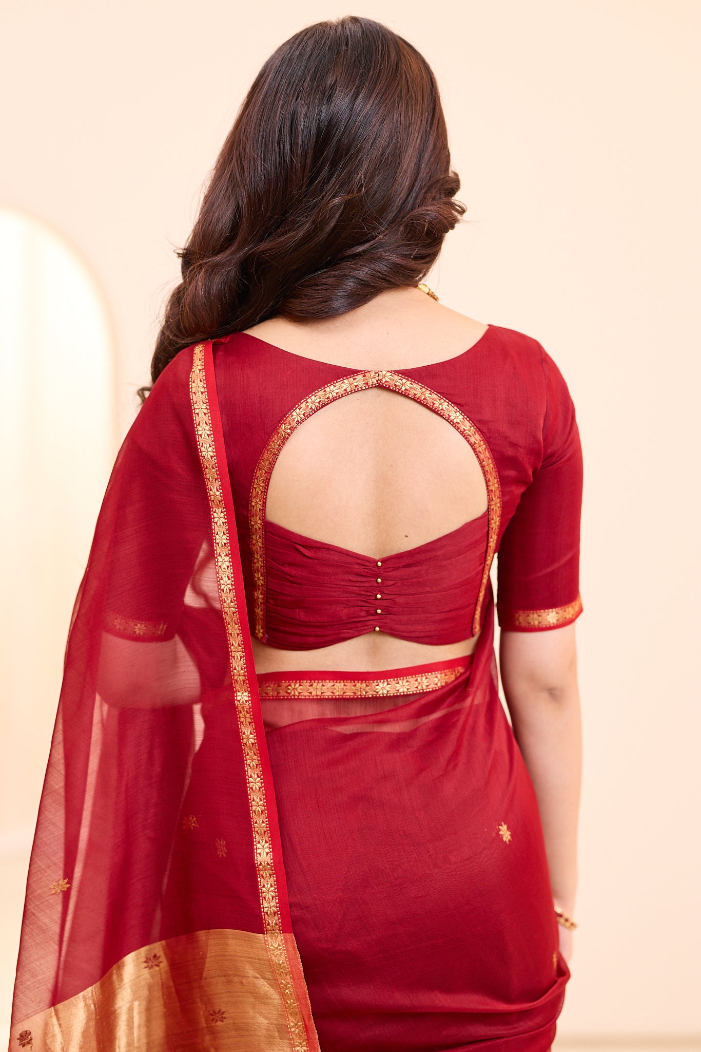Burgundy Red with Antique Gold Maheshwari Silk Cotton Saree