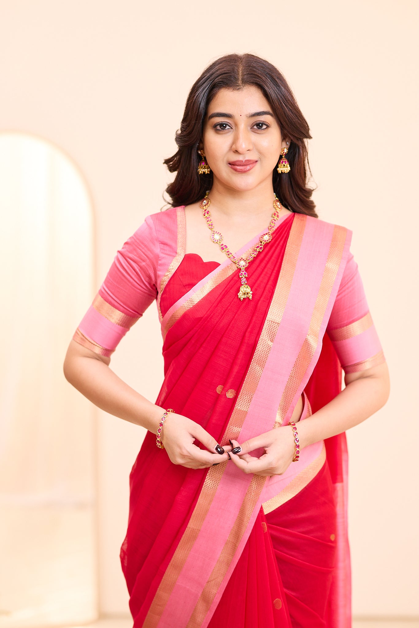 Rosewood Red Maheshwari Silk Cotton Saree