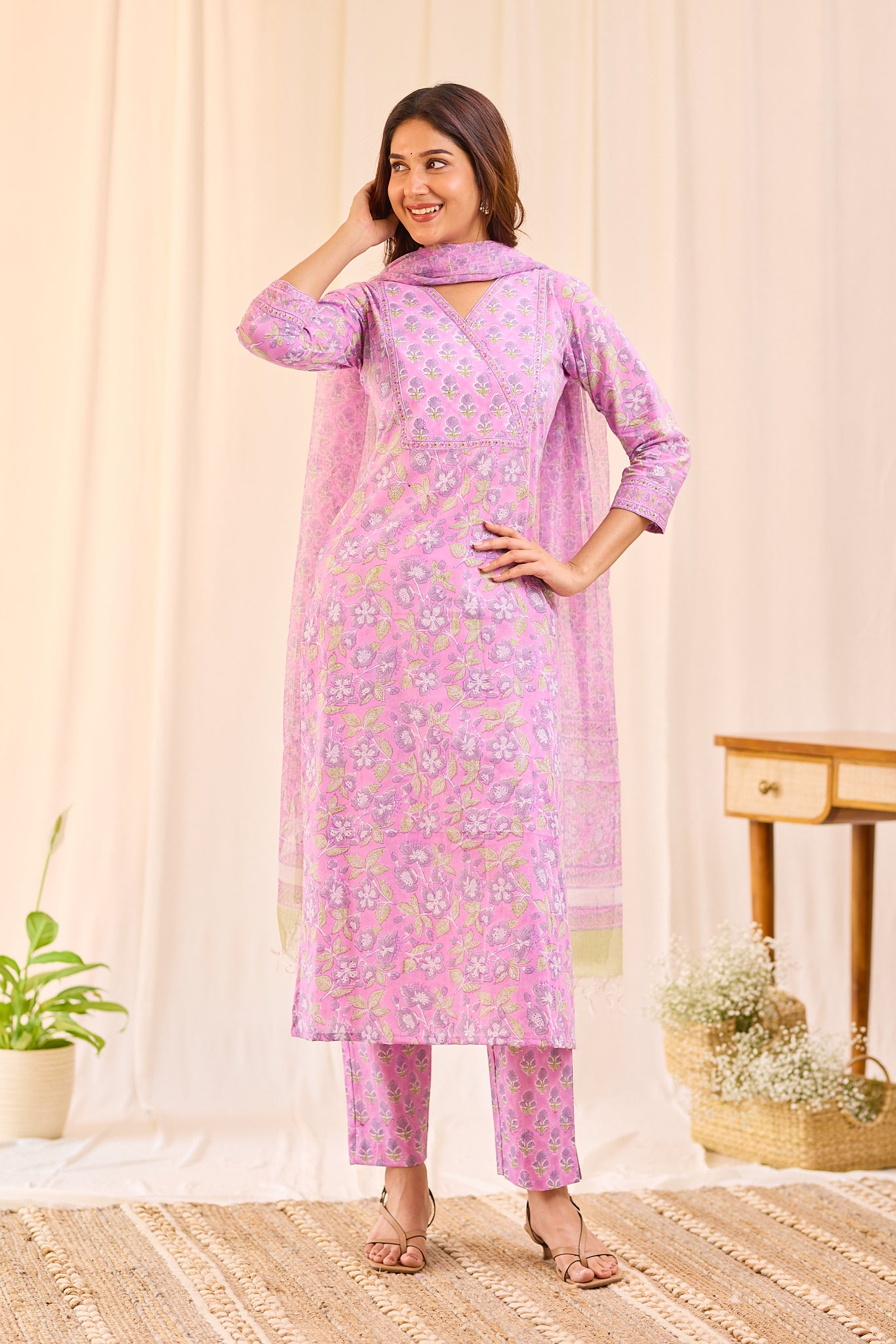 Light Lavender Floral Block Printed Cotton Suit Set with Kota Dupatta