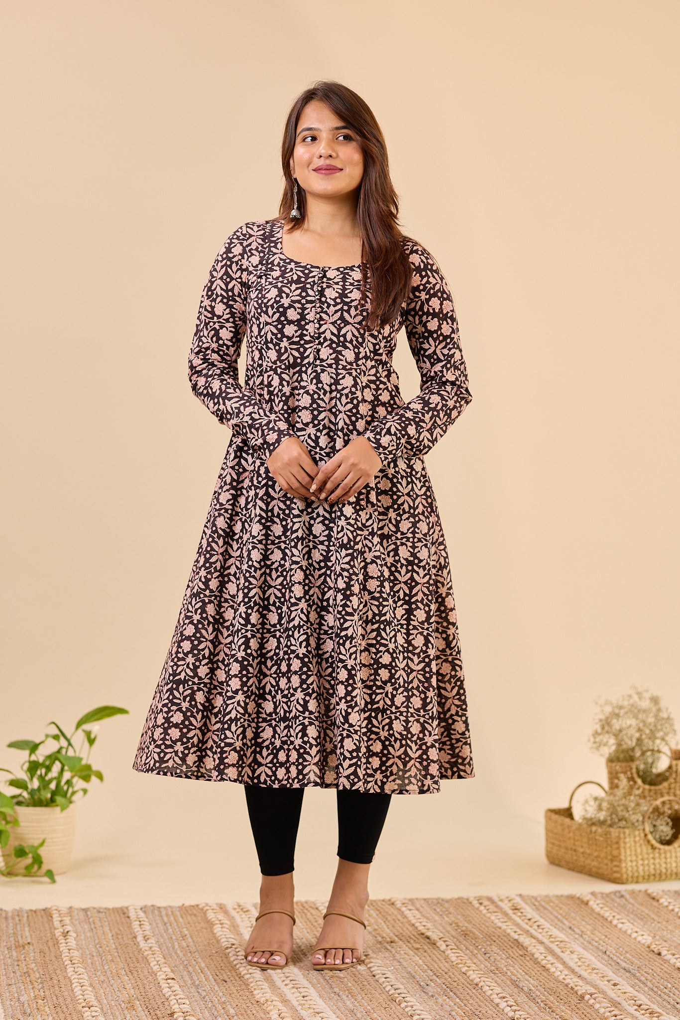 Black Fit and Flare Bagru Hand - Block printed Full Sleeve Kurti