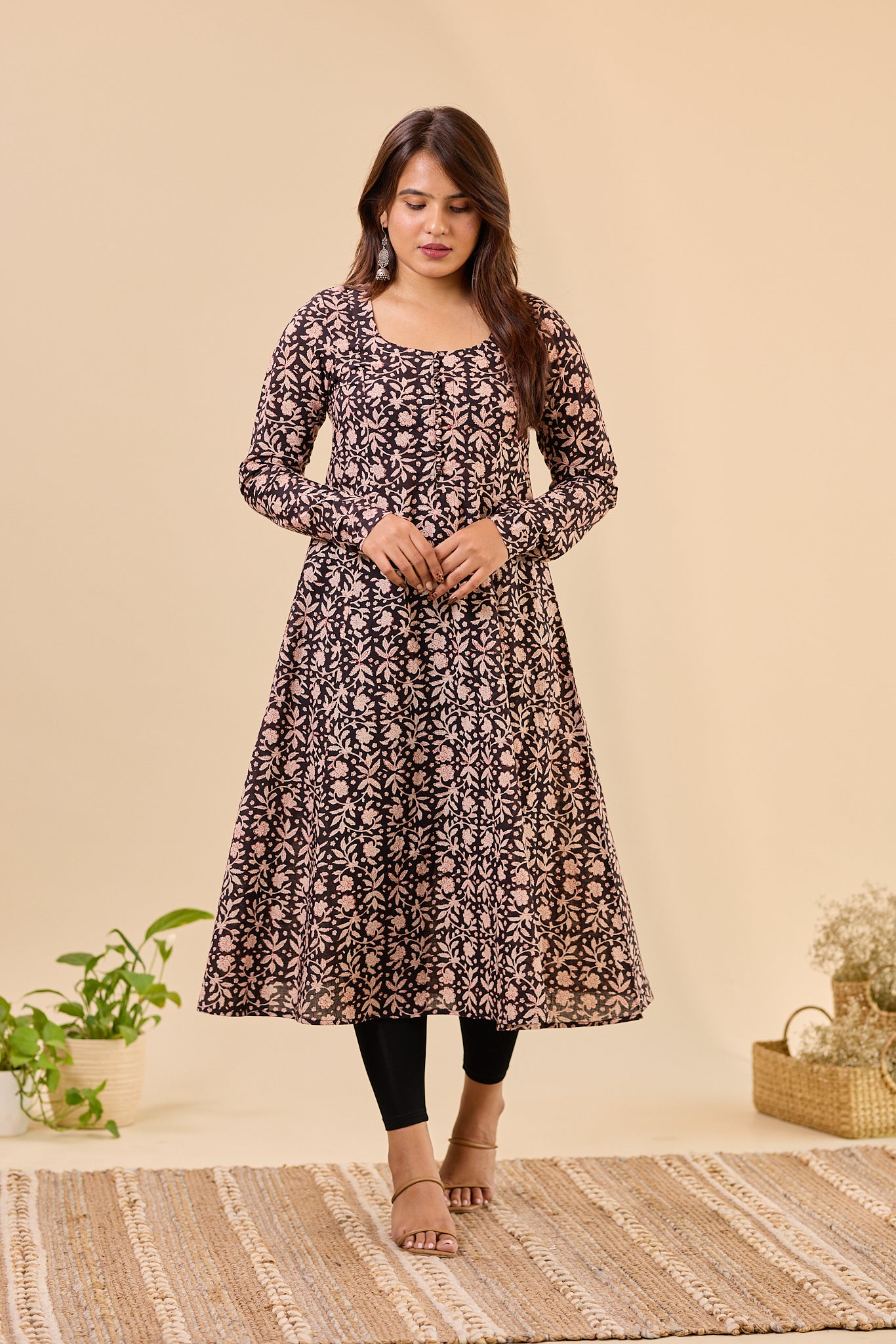 Black Fit and Flare Bagru Hand - Block printed Full Sleeve Kurti