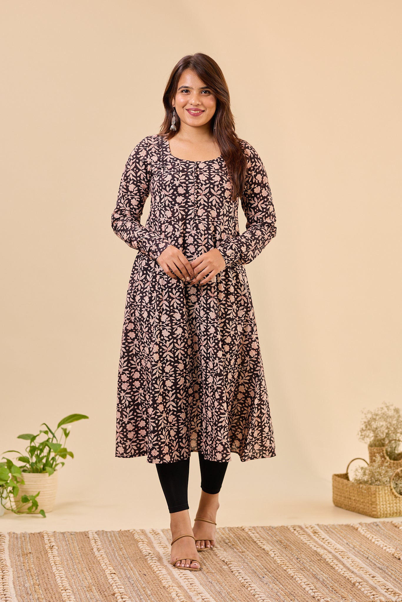 Black Fit and Flare Bagru Hand - Block printed Full Sleeve Kurti