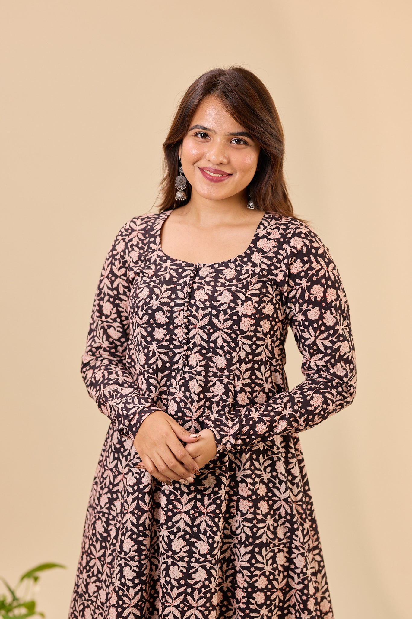 Black Fit and Flare Bagru Hand - Block printed Full Sleeve Kurti