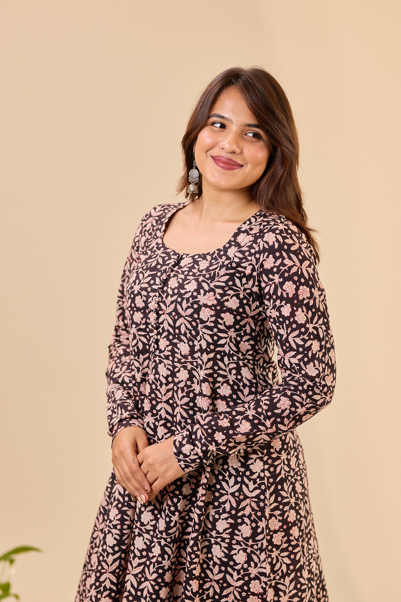 Black Fit and Flare Bagru Hand - Block printed Full Sleeve Kurti