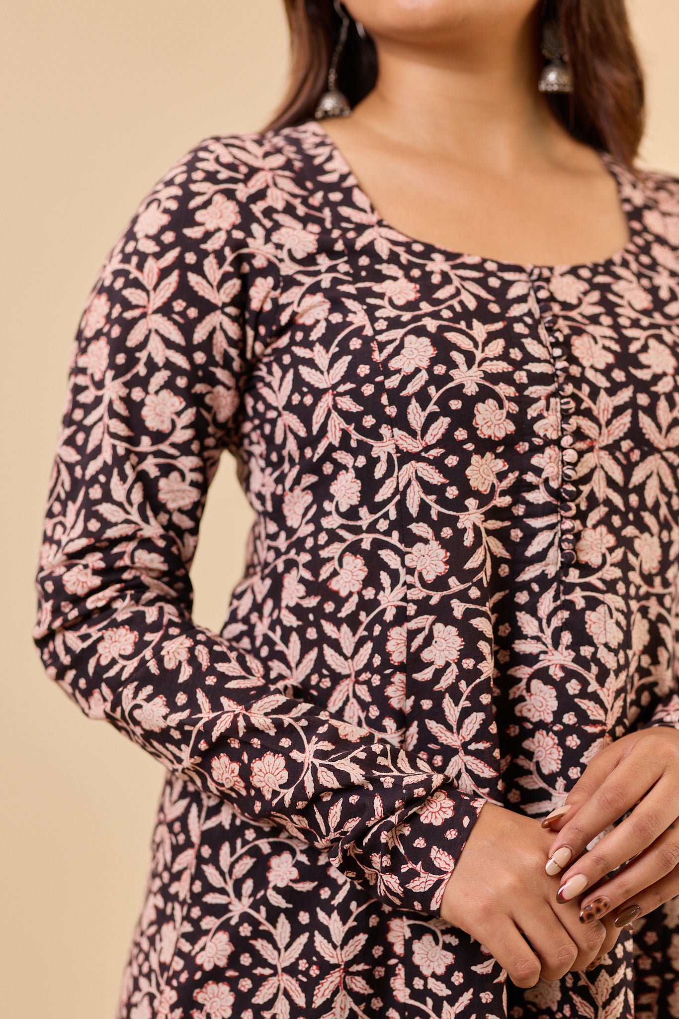 Black Fit and Flare Bagru Hand - Block printed Full Sleeve Kurti