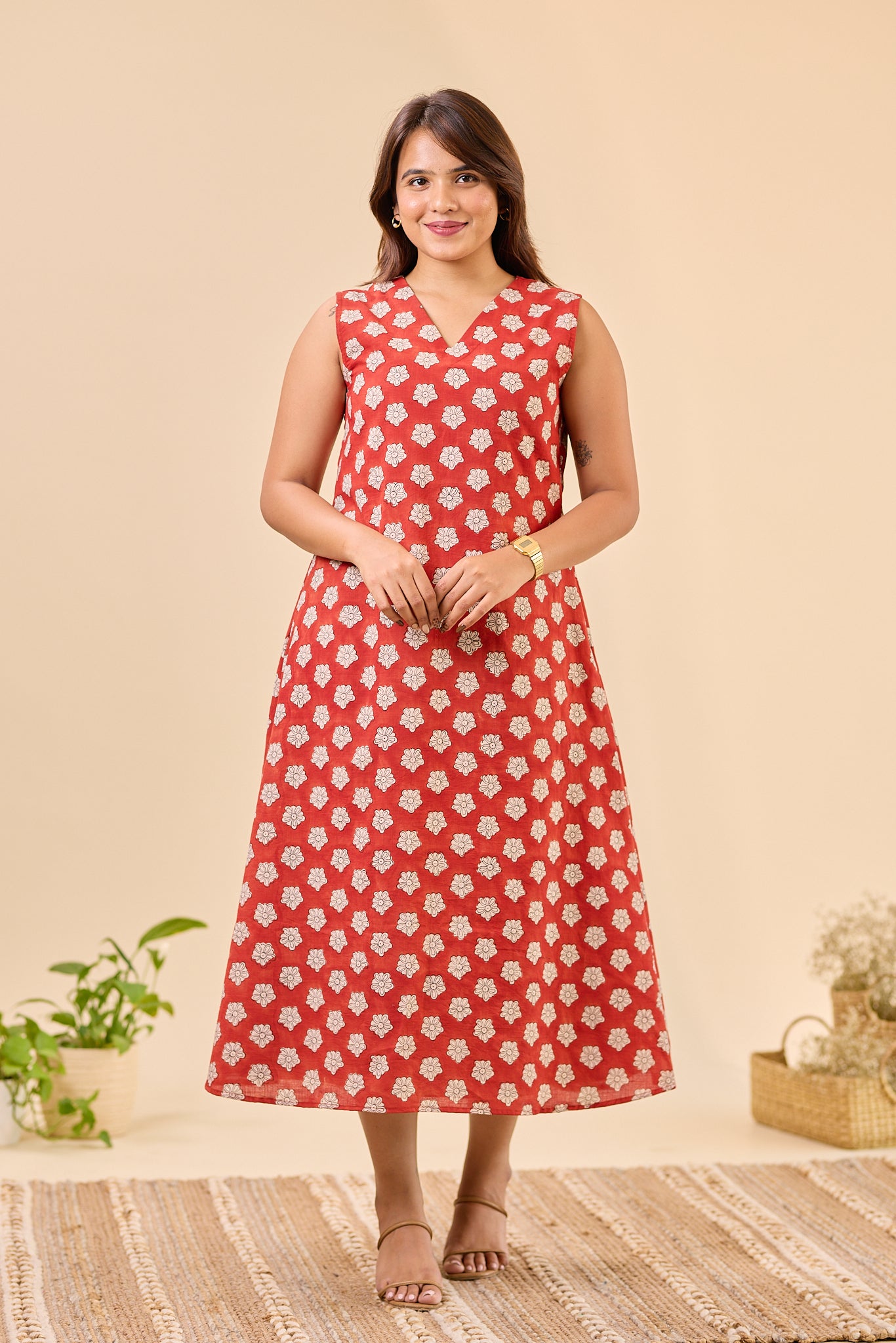 Maroon Sleeve-less Bagru Hand-Block Printed Dress