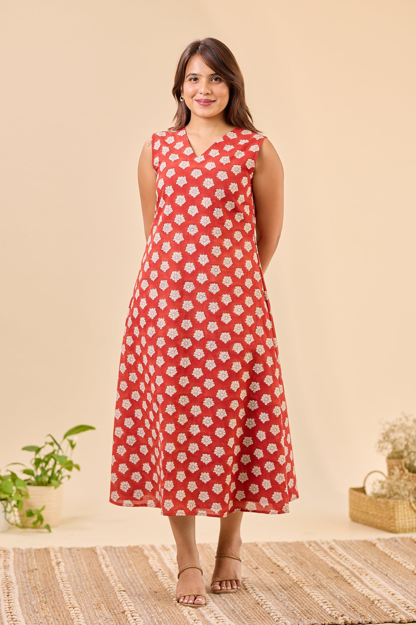 Maroon Sleeve-less Bagru Hand-Block Printed Dress