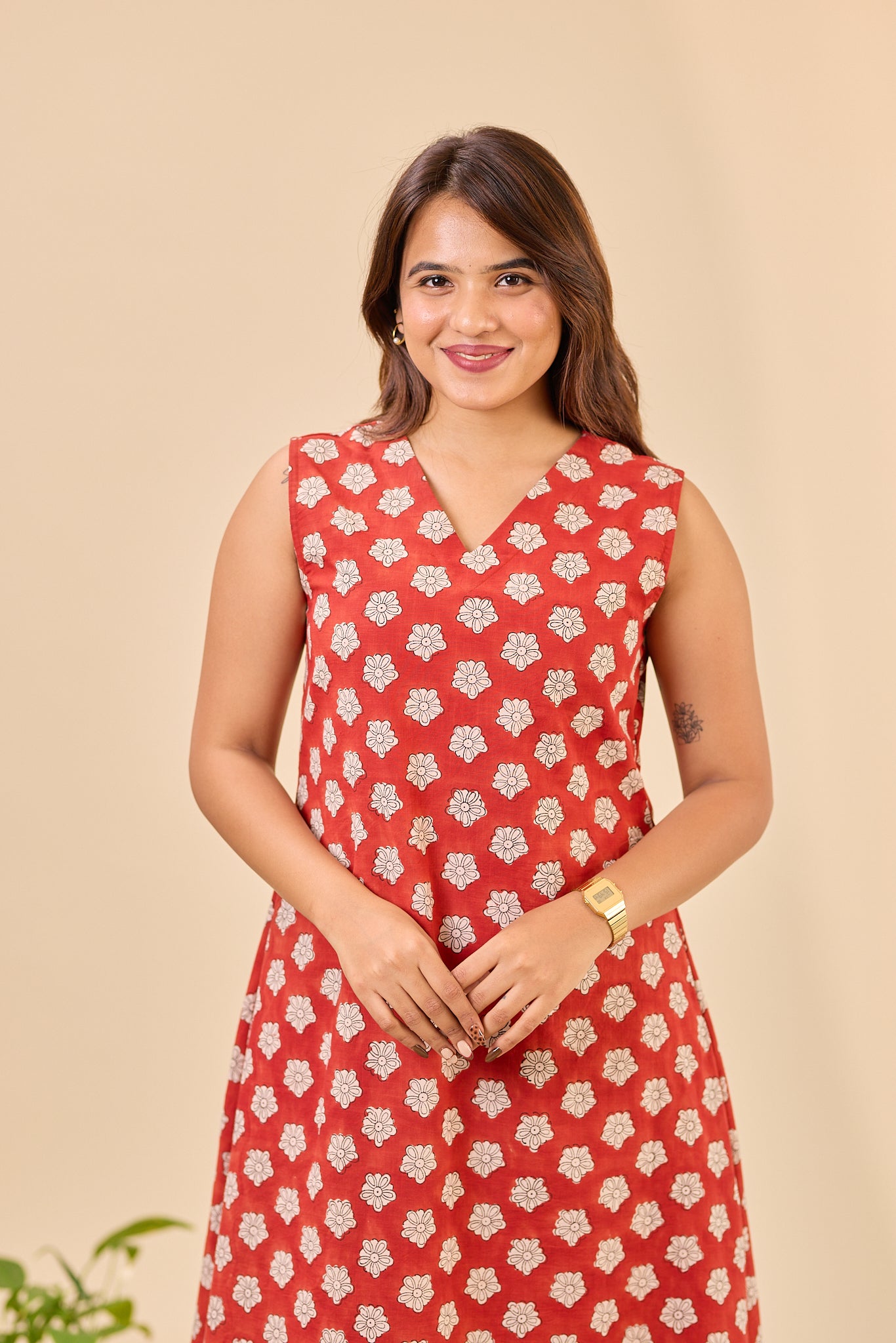 Maroon Sleeve-less Bagru Hand-Block Printed Dress