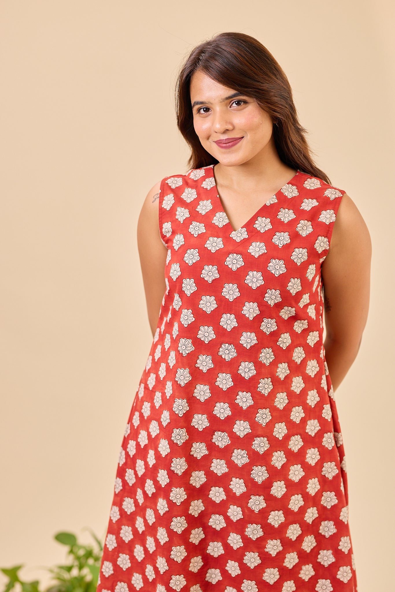 Maroon Sleeve-less Bagru Hand-Block Printed Dress