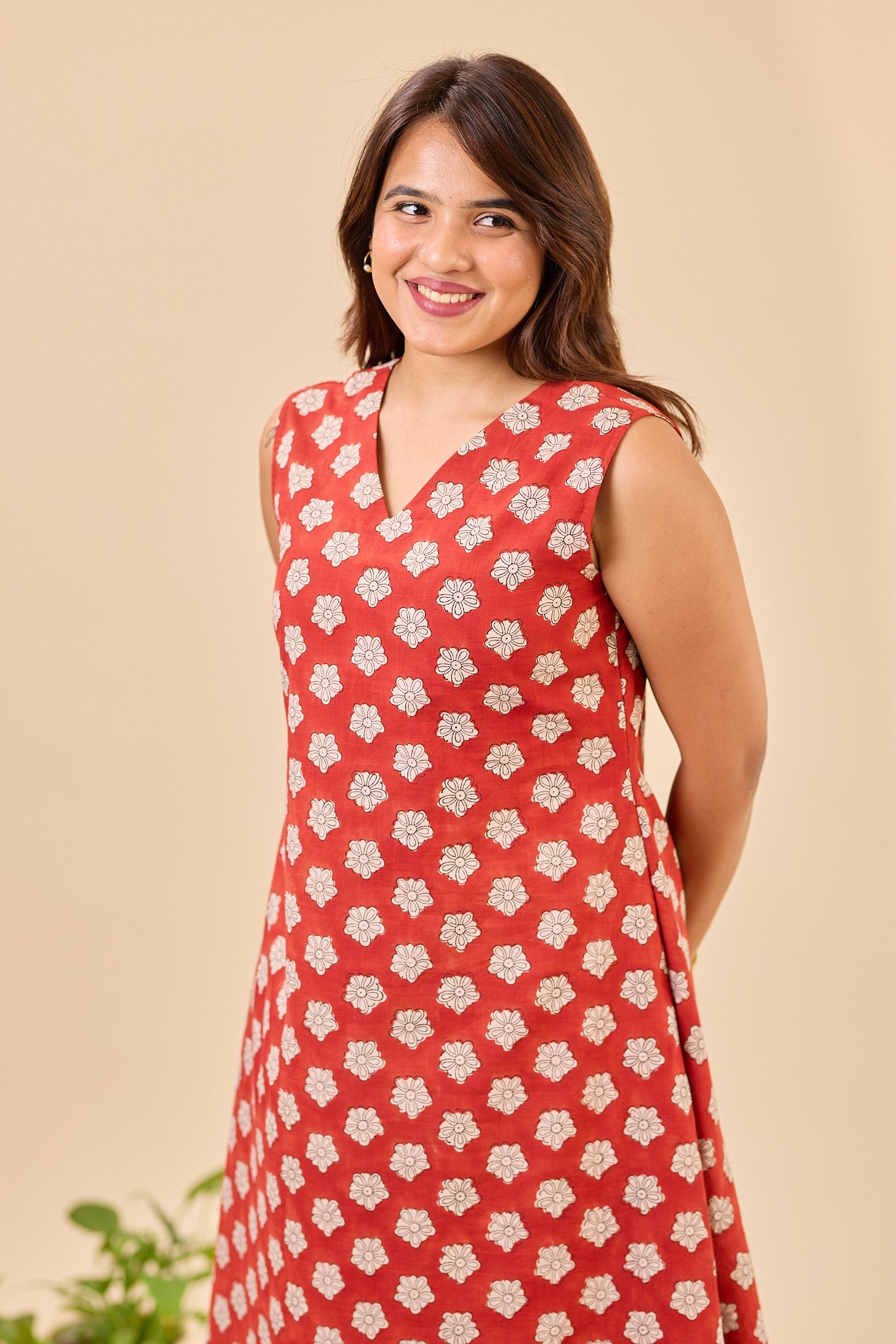 Maroon Sleeve-less Bagru Hand-Block Printed Dress