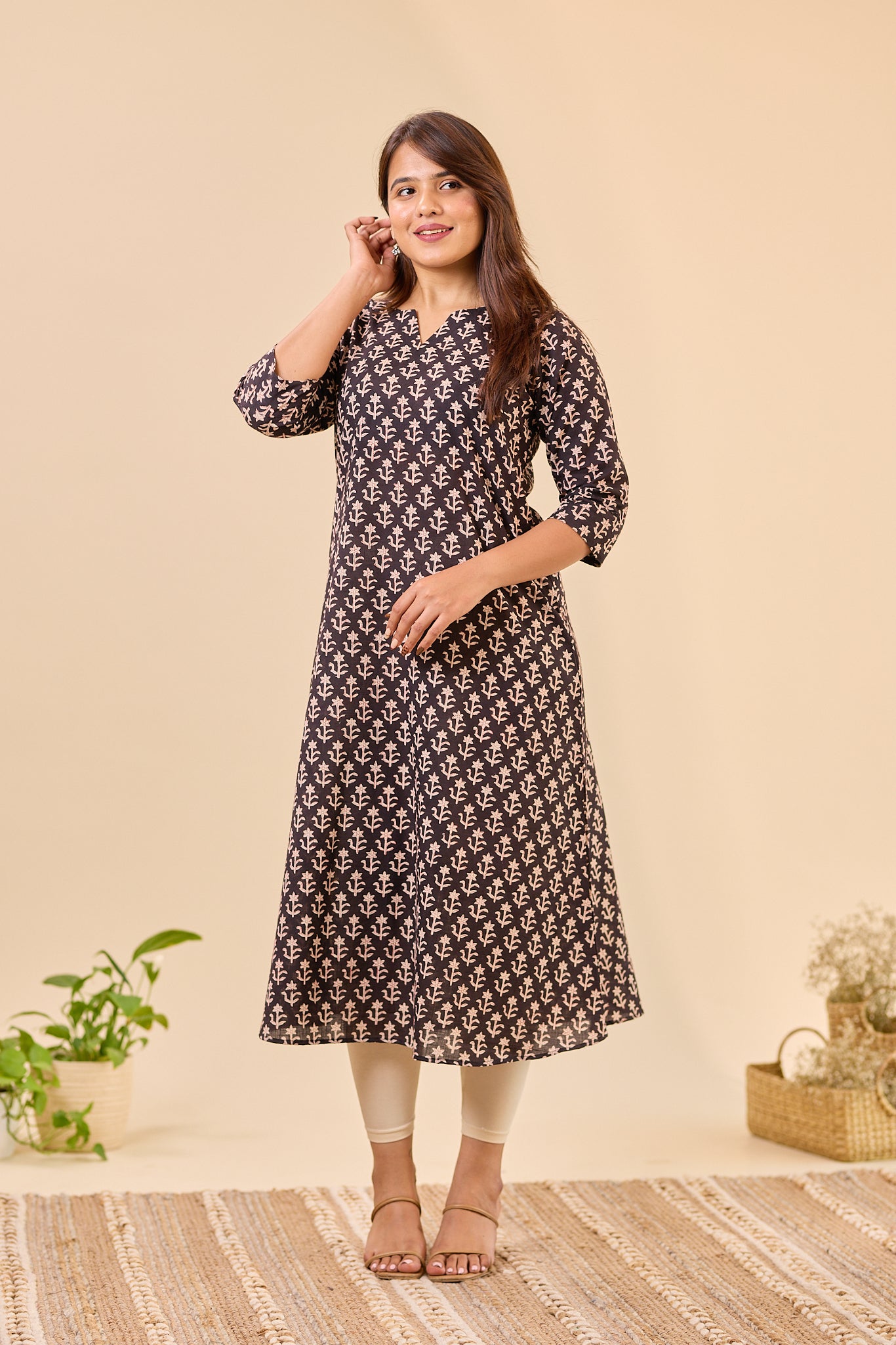 Black A-Line Bagru Hand- Block Printed Kurti