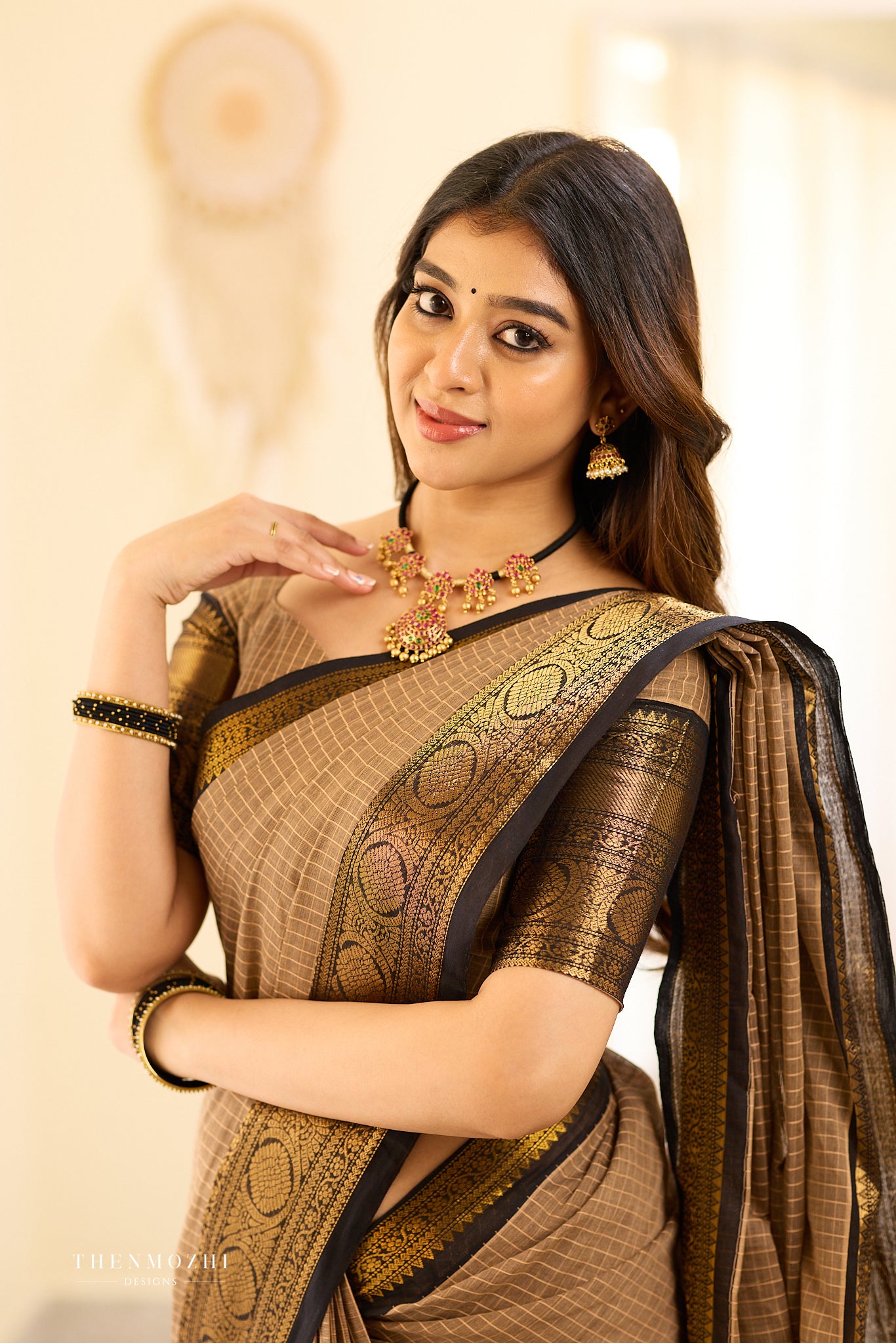 Beige and Black Big Border Chettinad Cotton saree