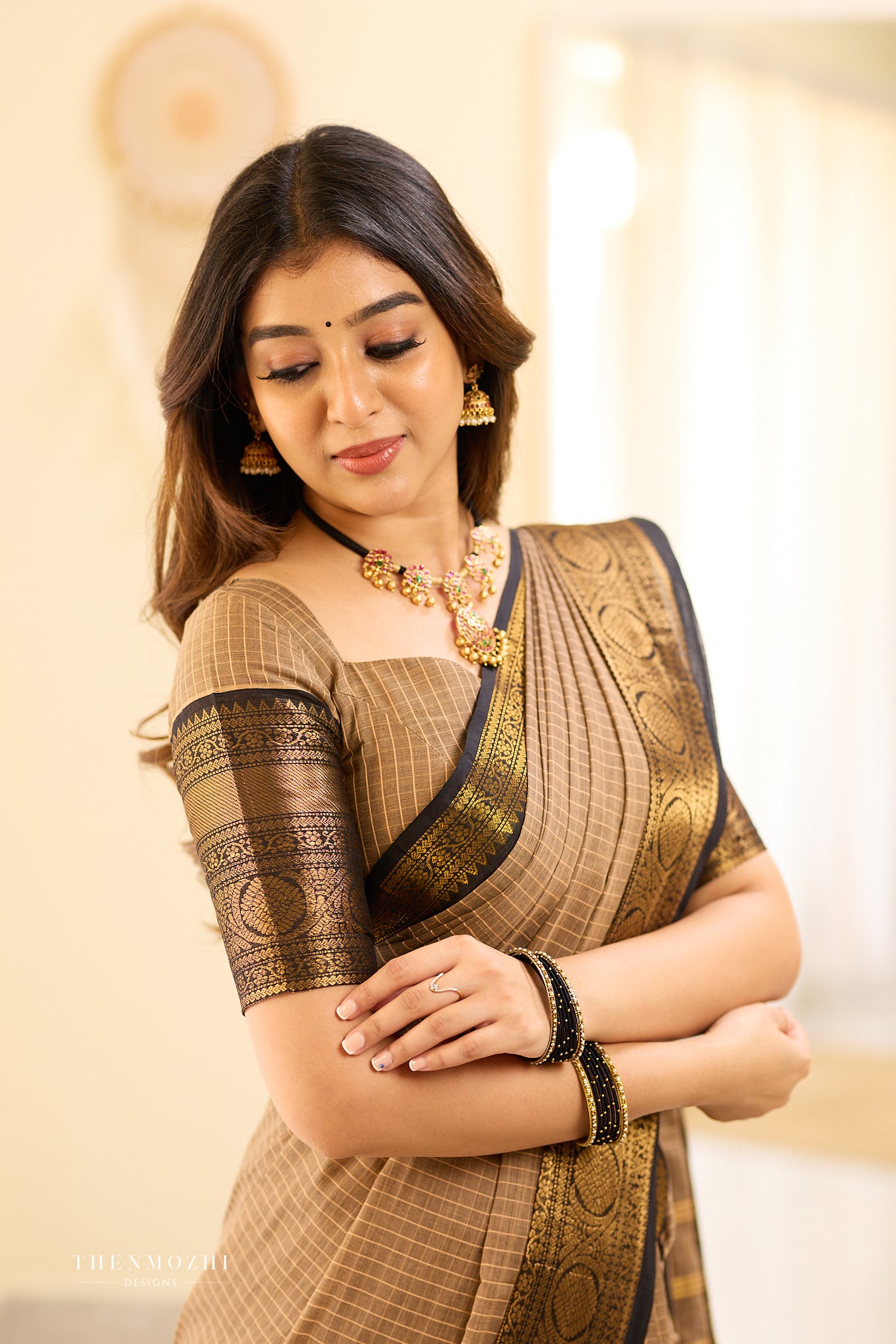 Beige and Black Big Border Chettinad Cotton saree