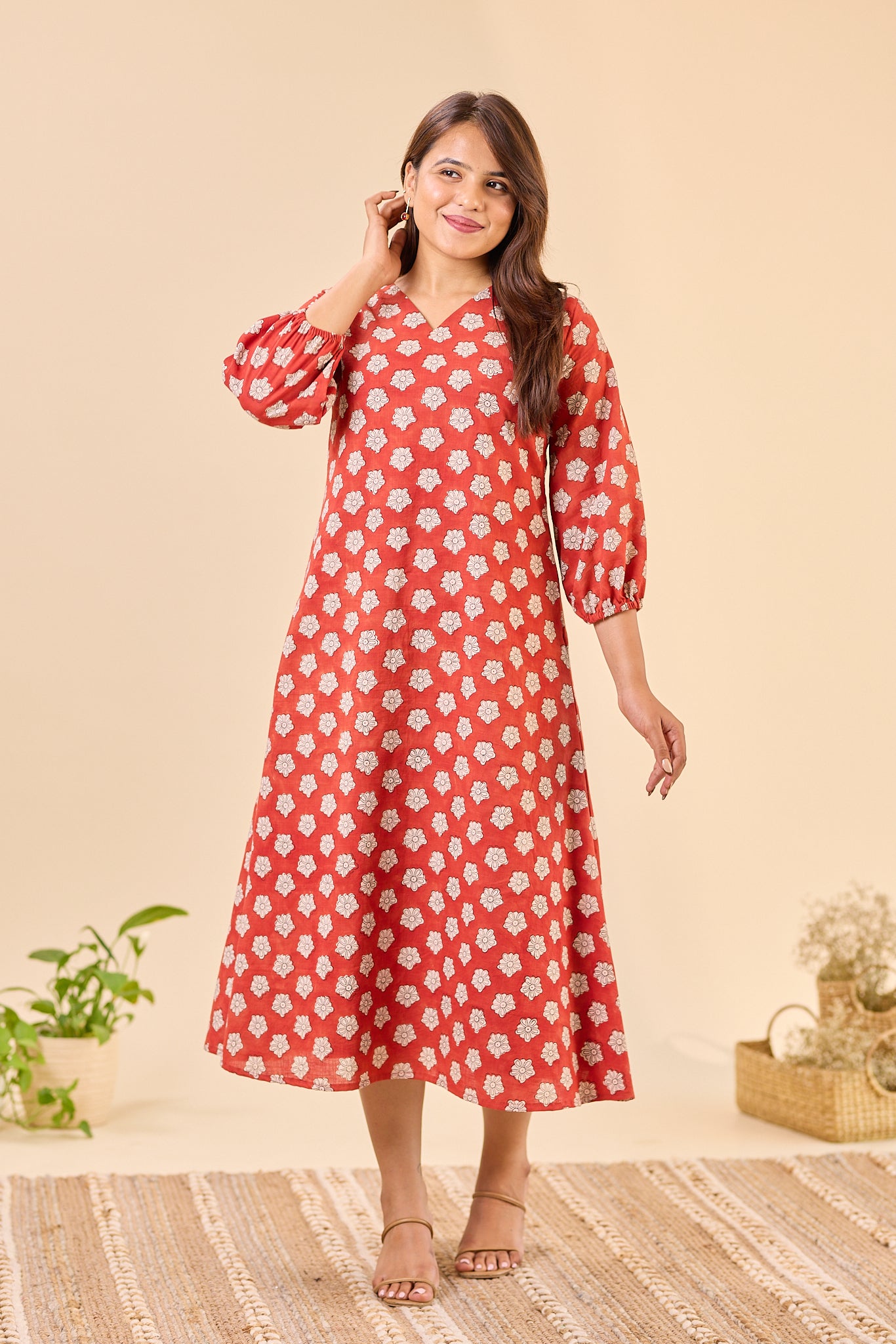 Maroon Bagru Hand- Block Printed Dress