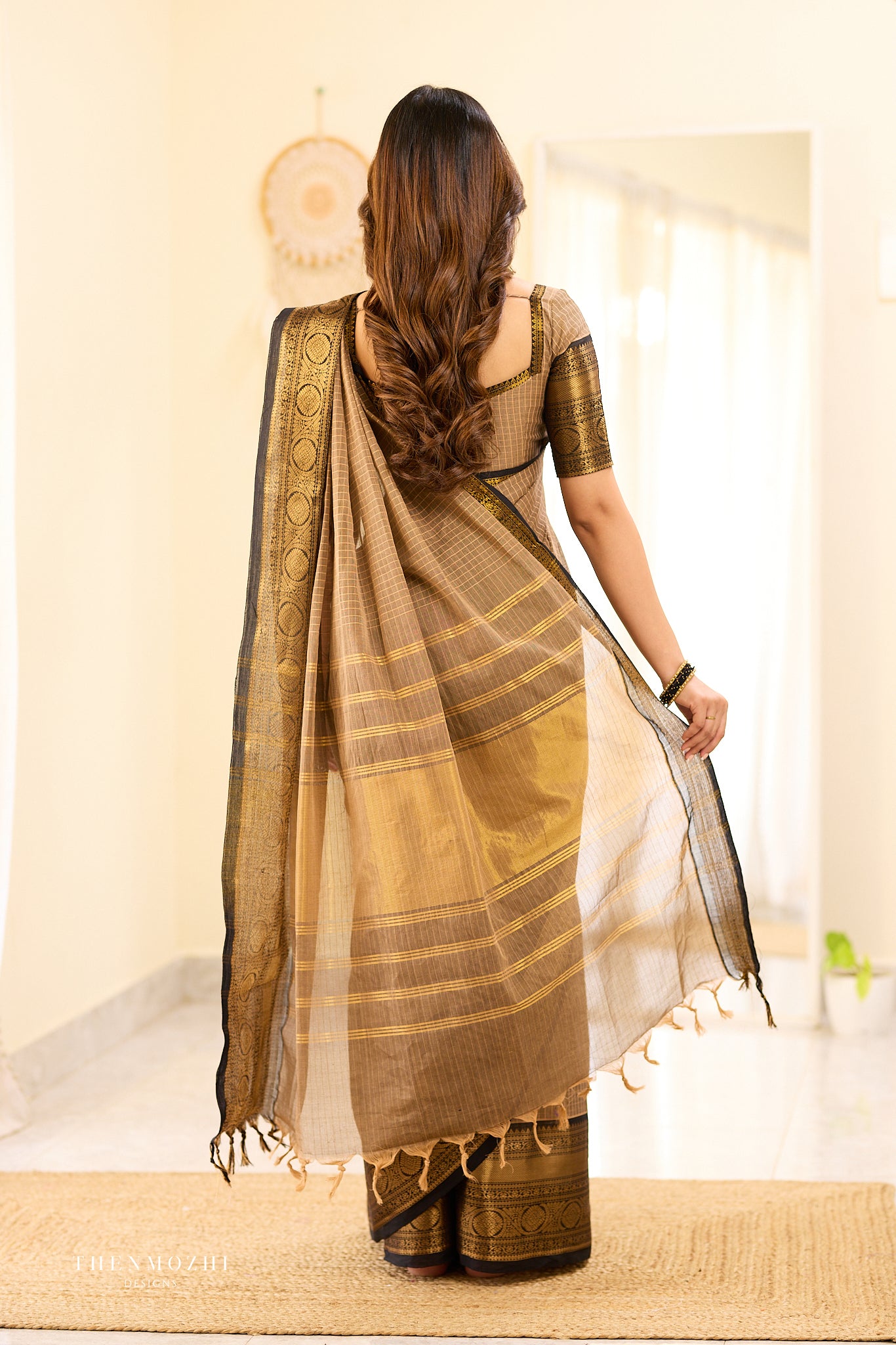 Beige and Black Big Border Chettinad Cotton saree