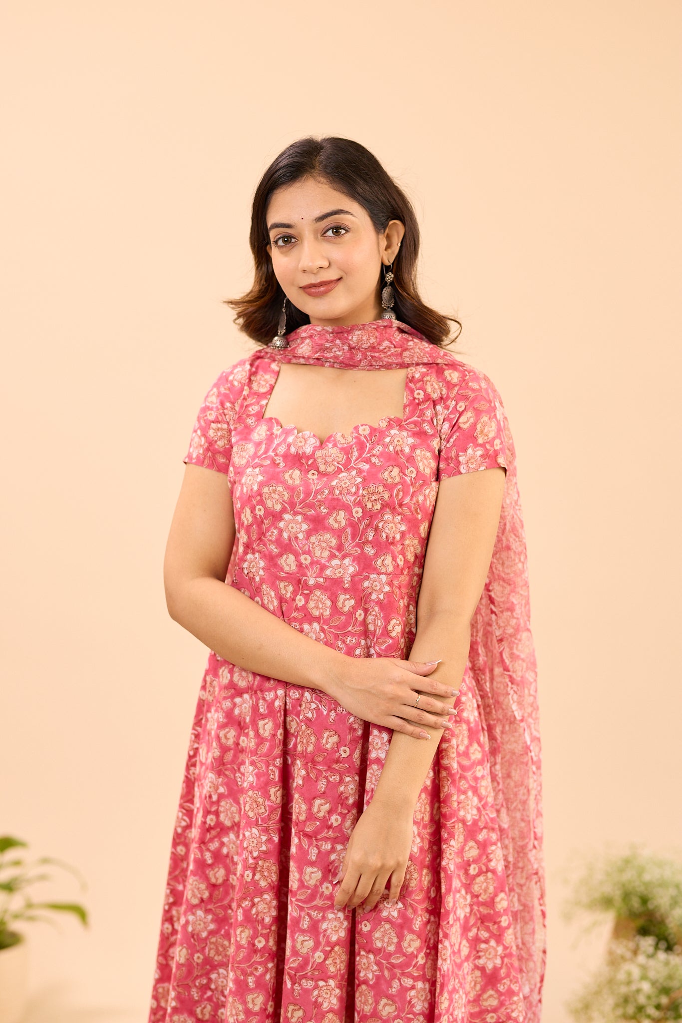 Blush Pink with Scallop Neck Cotton Anarkali Suit Set