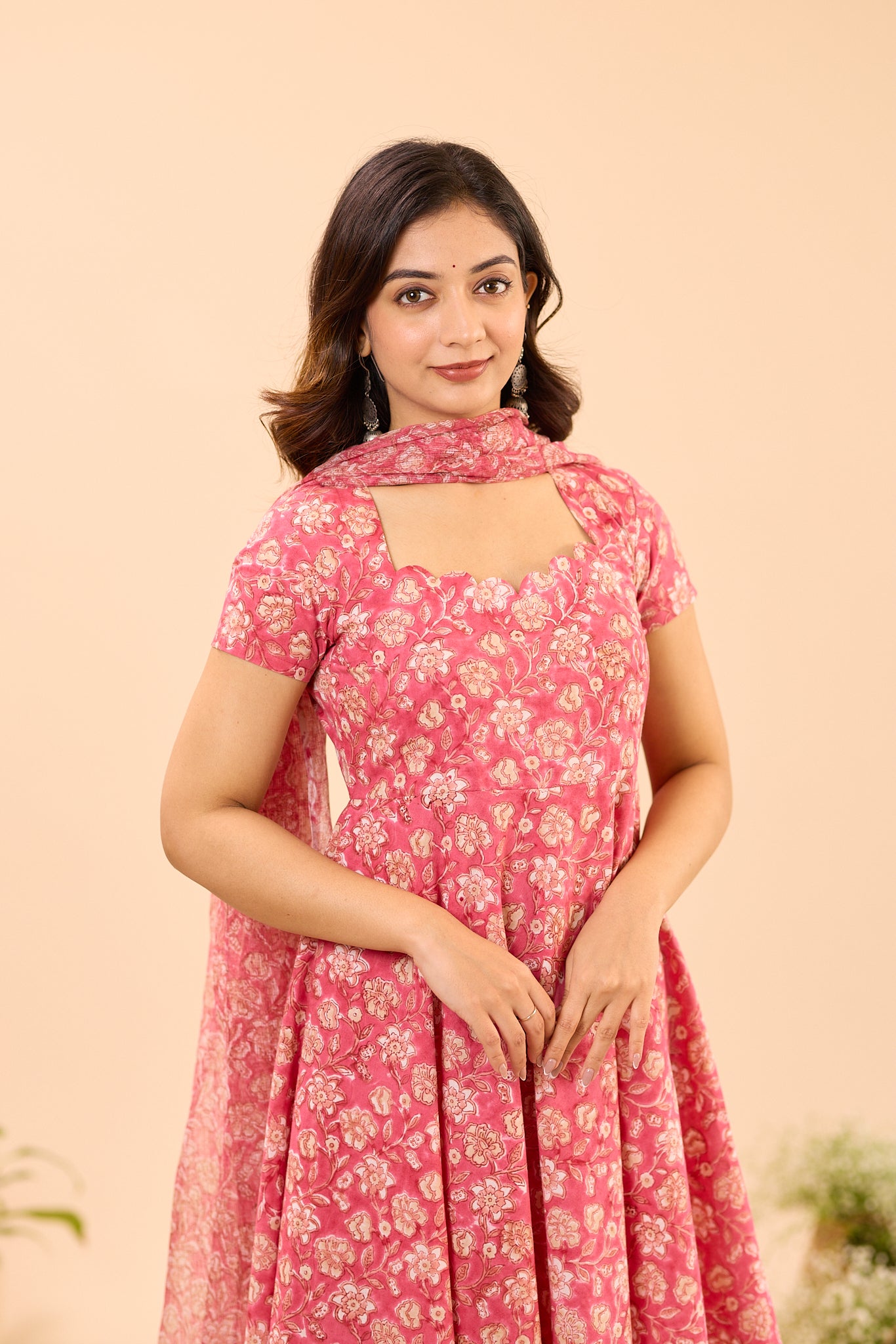 Blush Pink with Scallop Neck Cotton Anarkali Suit Set