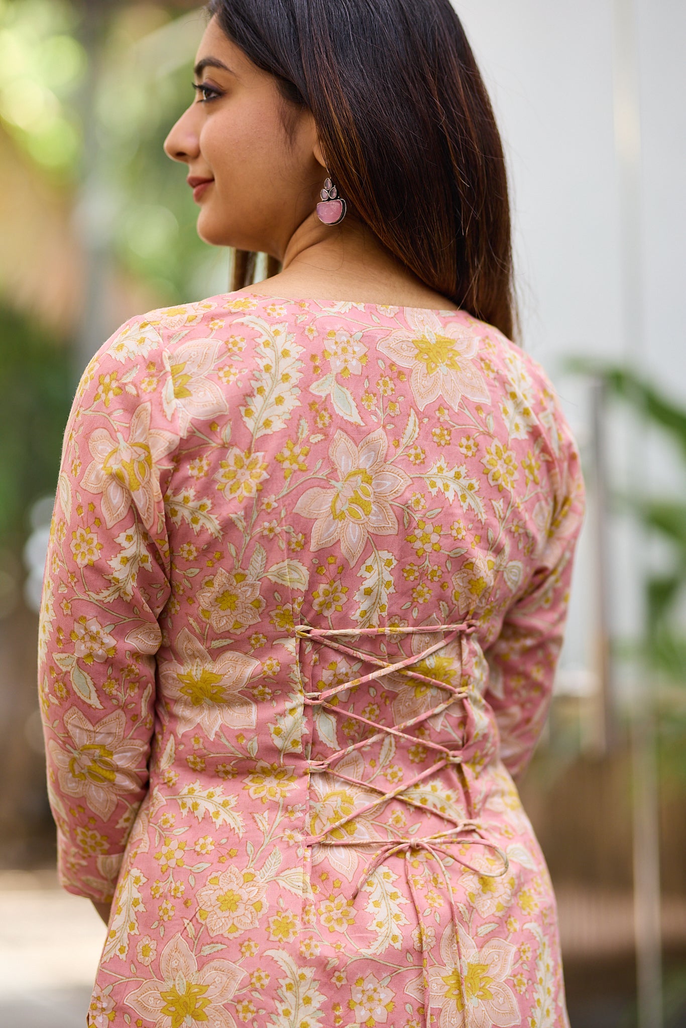 Soft peachy pink Block Print cord set with Back Corset Lacing
