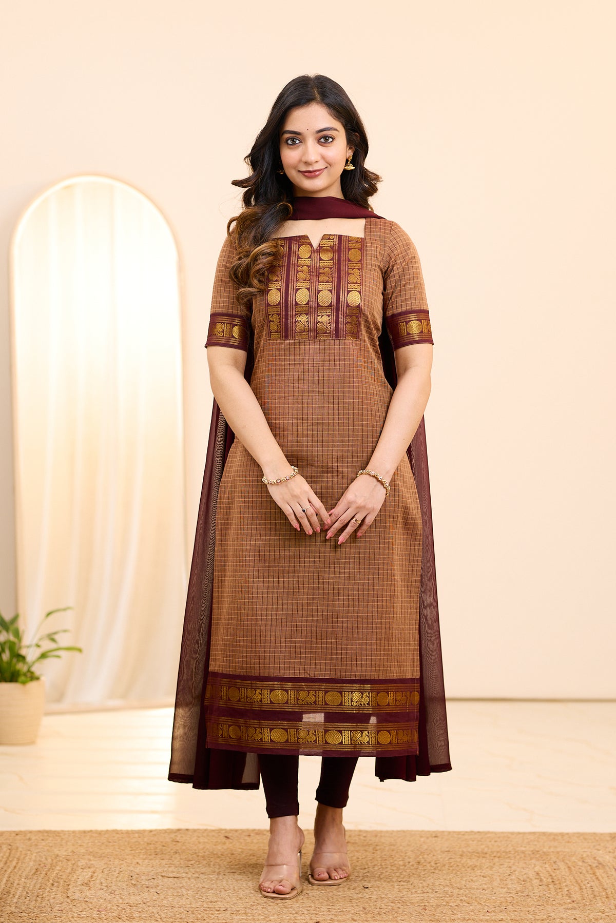 Cinnamon Brown Chettinad Cotton Top and Dupatta