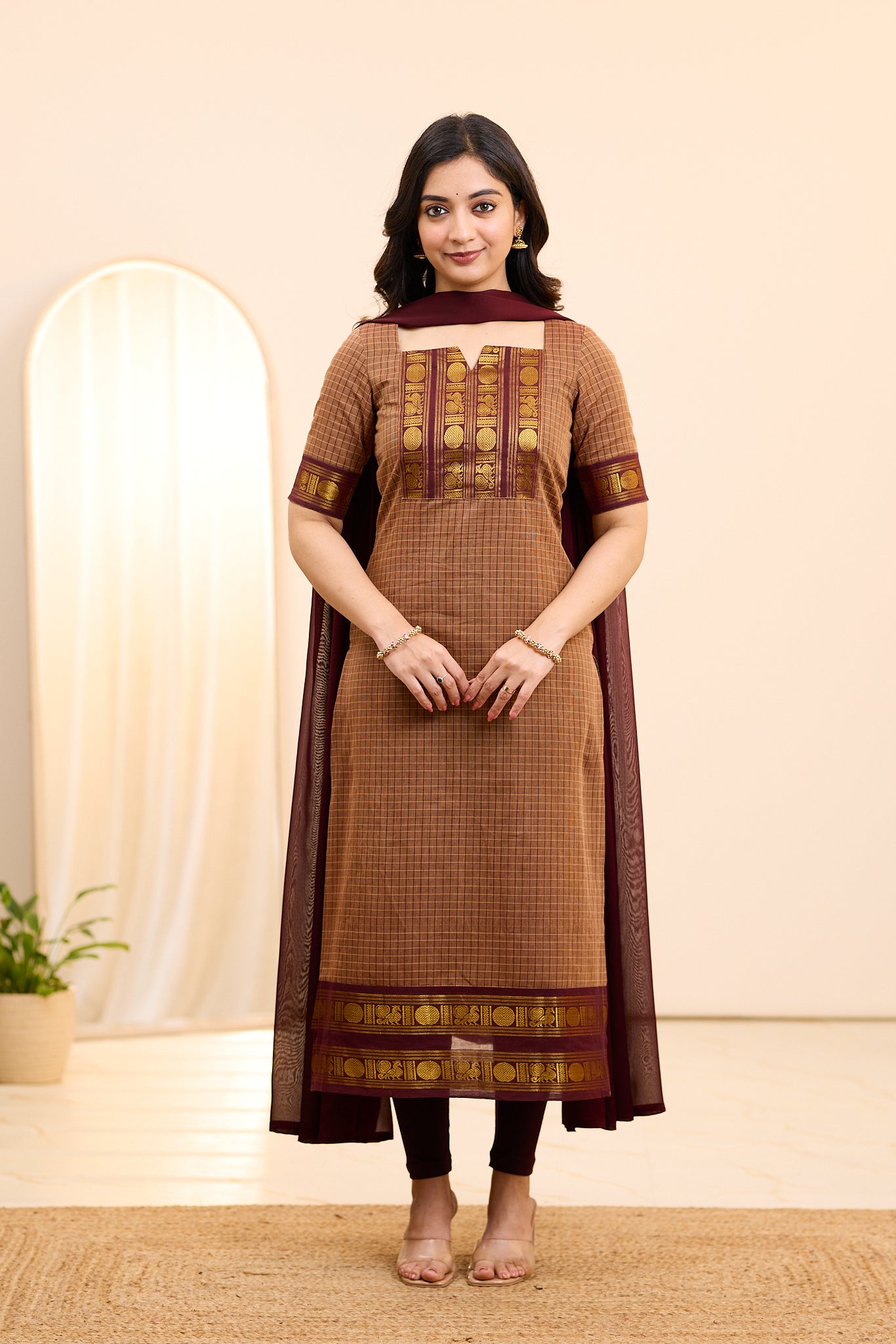 Cinnamon Brown Chettinad Cotton Top and Dupatta