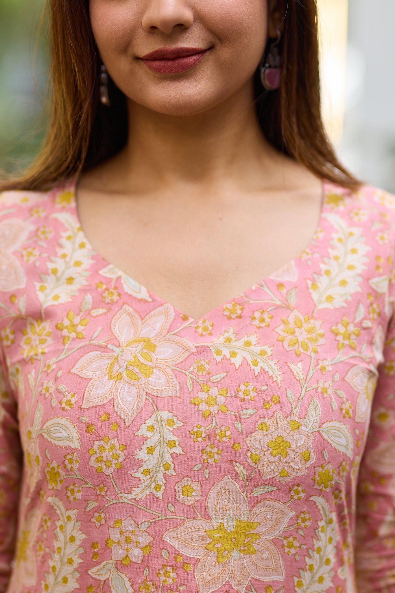 Soft peachy pink Block Print cord set with Back Corset Lacing
