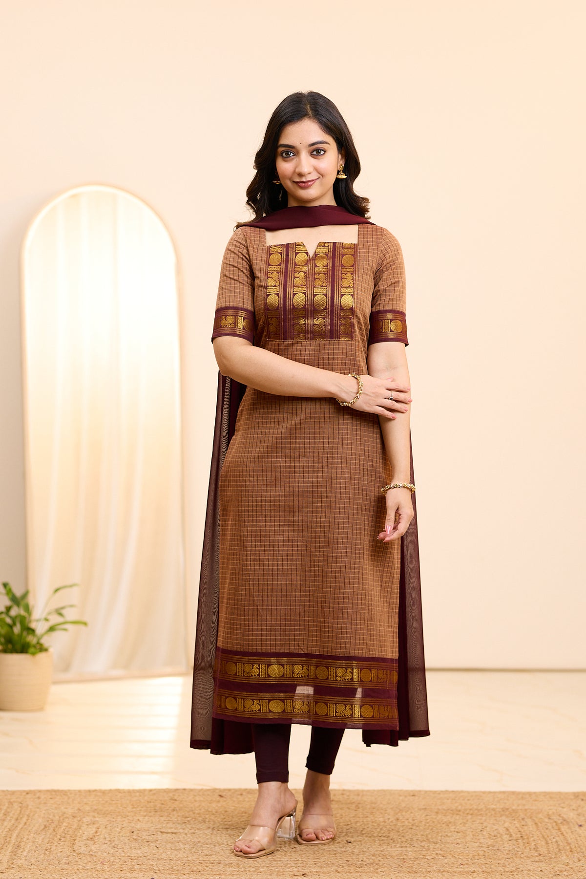 Cinnamon Brown Chettinad Cotton Top and Dupatta