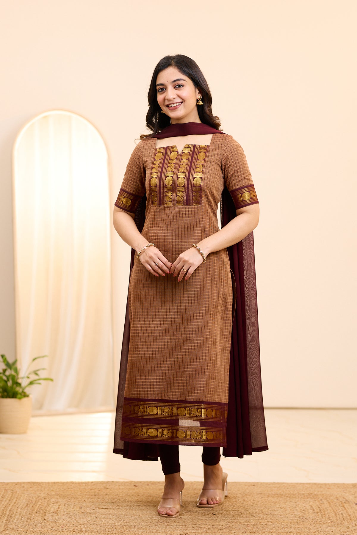 Cinnamon Brown Chettinad Cotton Top and Dupatta