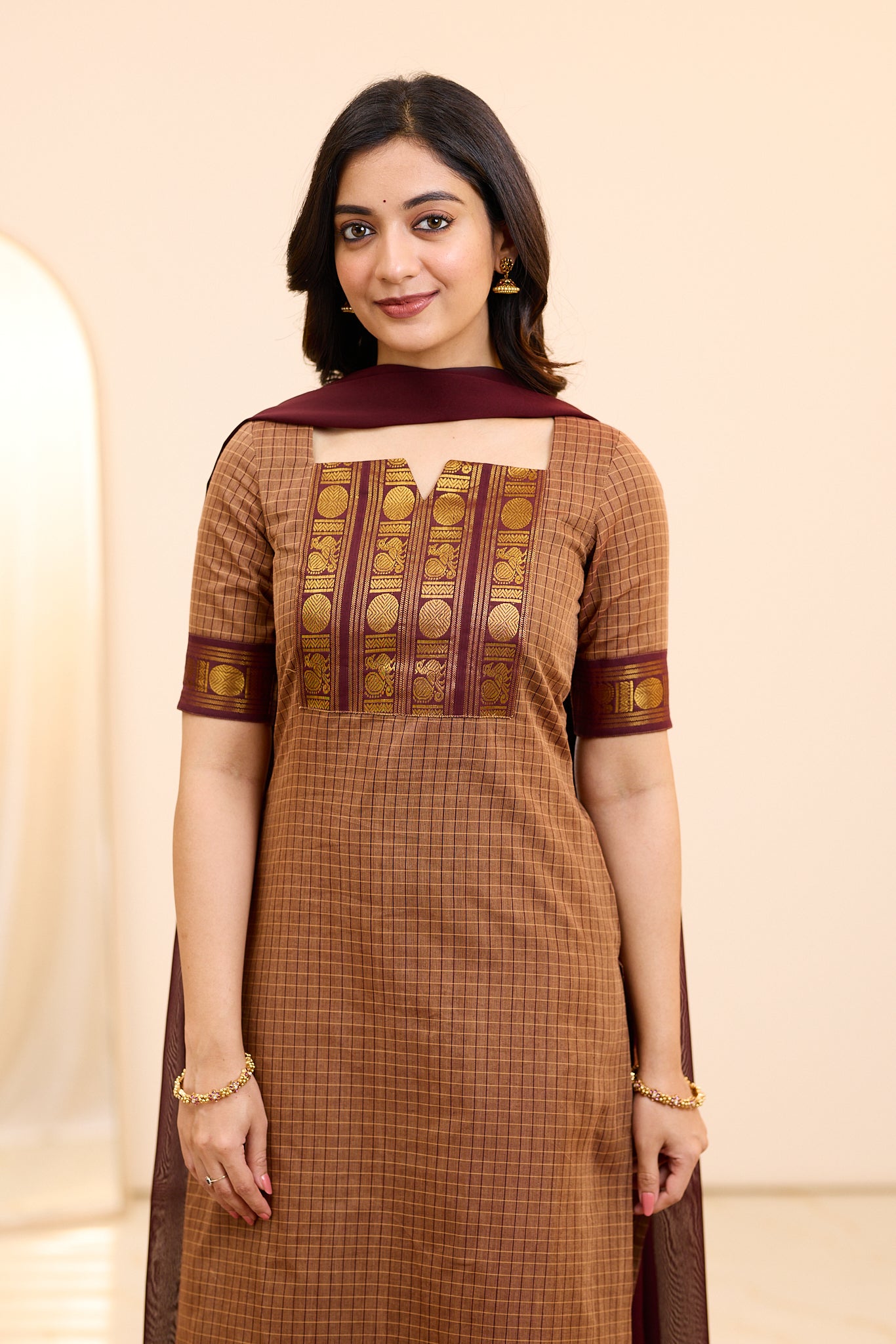 Cinnamon Brown Chettinad Cotton Top and Dupatta