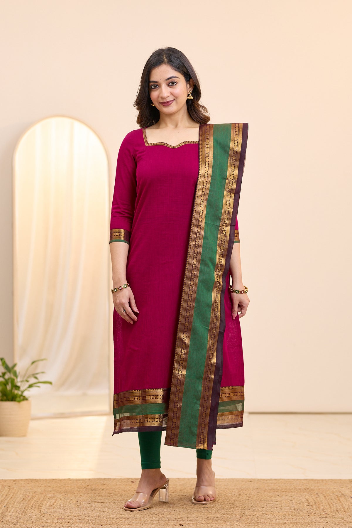 Electric Magenta Chettinad Cotton Top and Dupatta