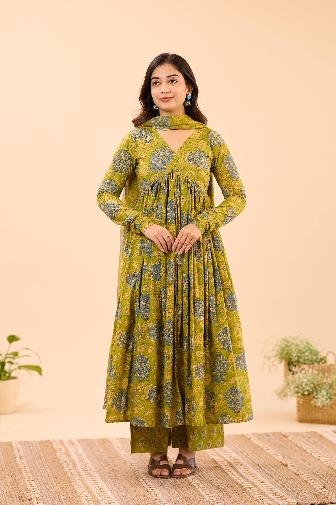 Leafy green with Blue Floral Printed Alia Cut Cotton Suit Set