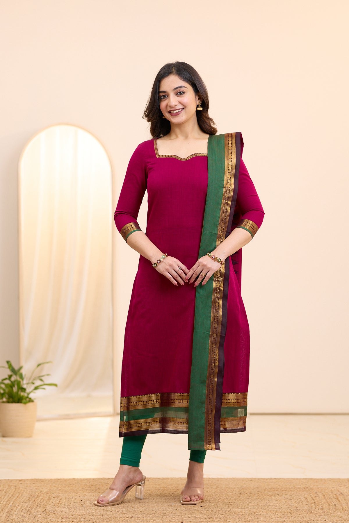 Electric Magenta Chettinad Cotton Top and Dupatta