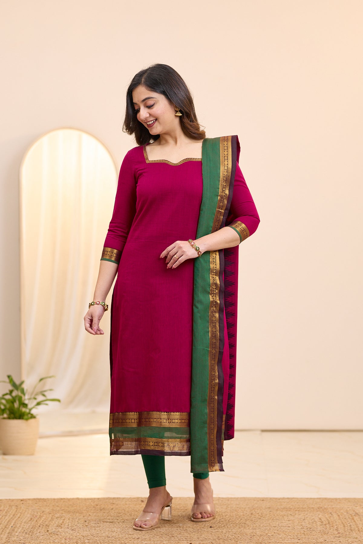 Electric Magenta Chettinad Cotton Top and Dupatta
