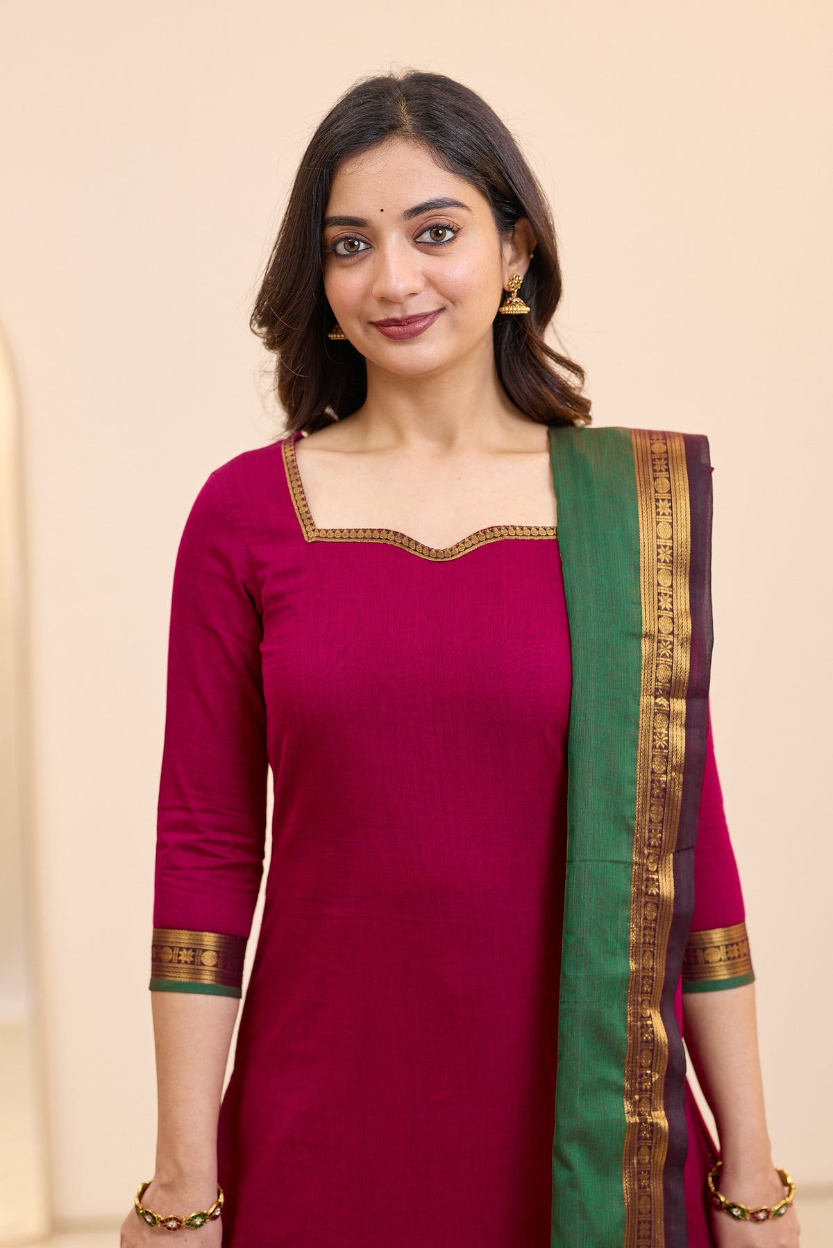 Electric Magenta Chettinad Cotton Top and Dupatta