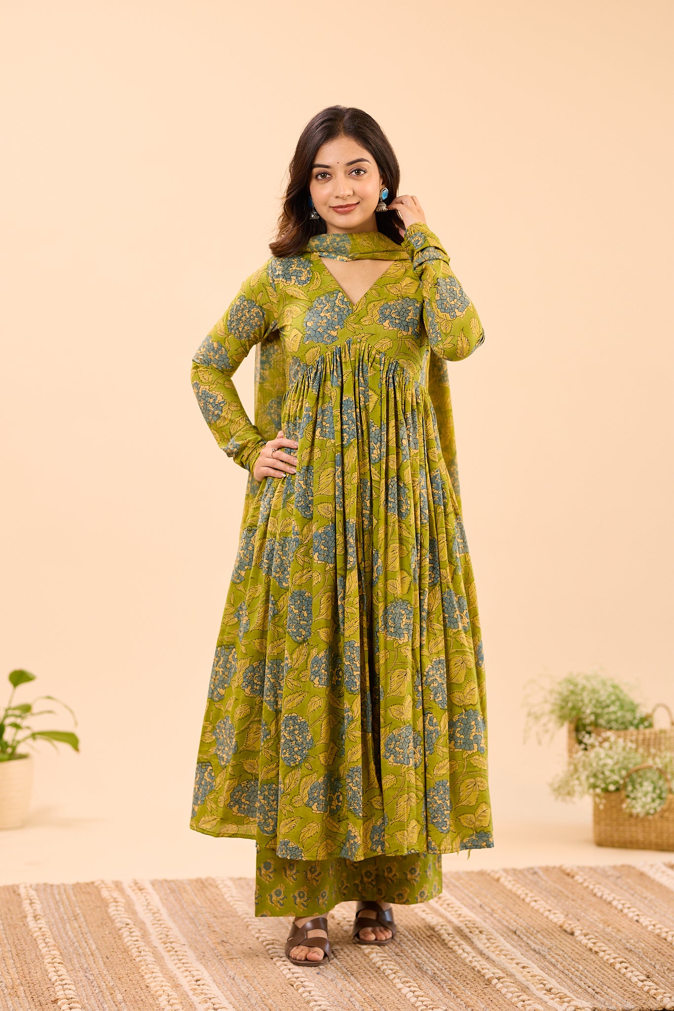Leafy green with Blue Floral Printed Alia Cut Cotton Suit Set