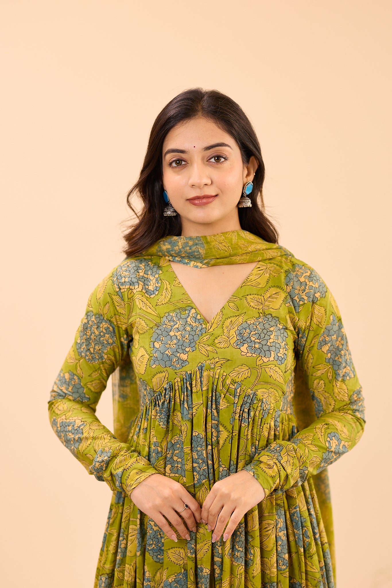 Leafy green with Blue Floral Printed Alia Cut Cotton Suit Set