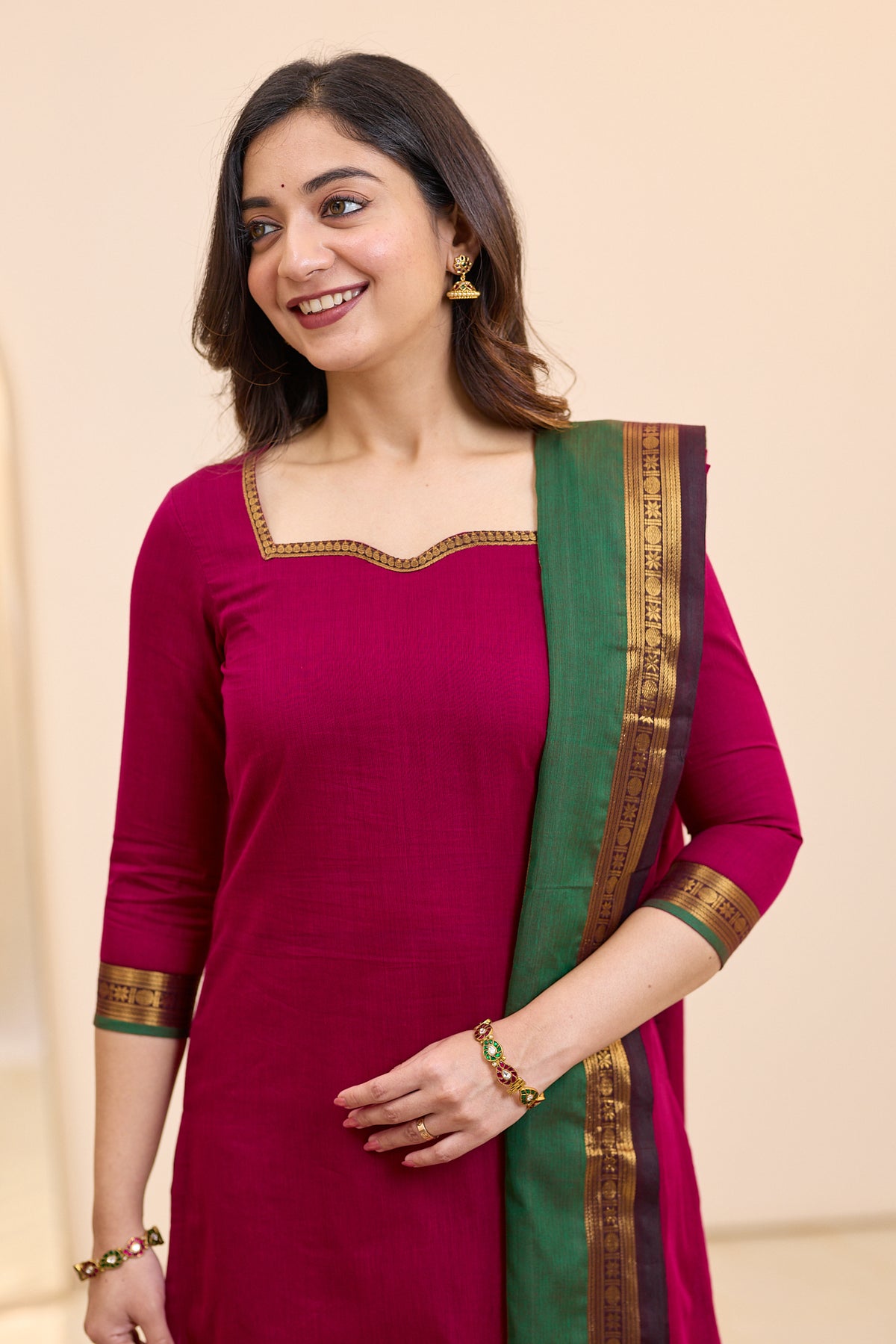 Electric Magenta Chettinad Cotton Top and Dupatta