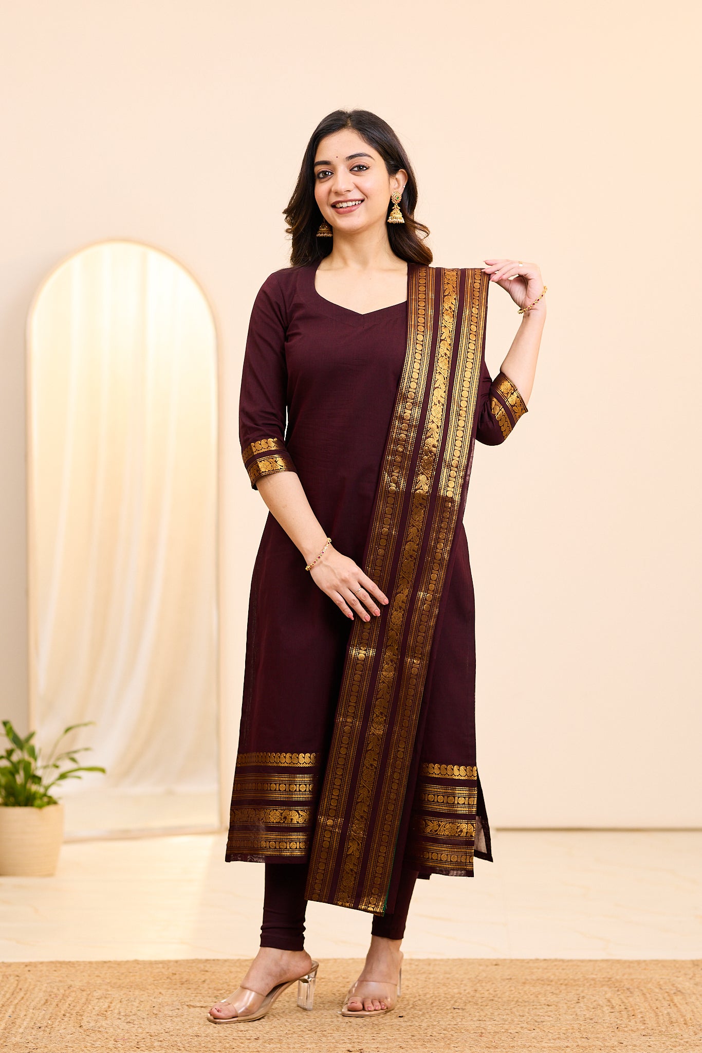 Toffee Brown Chettinad Cotton Top and Dupatta