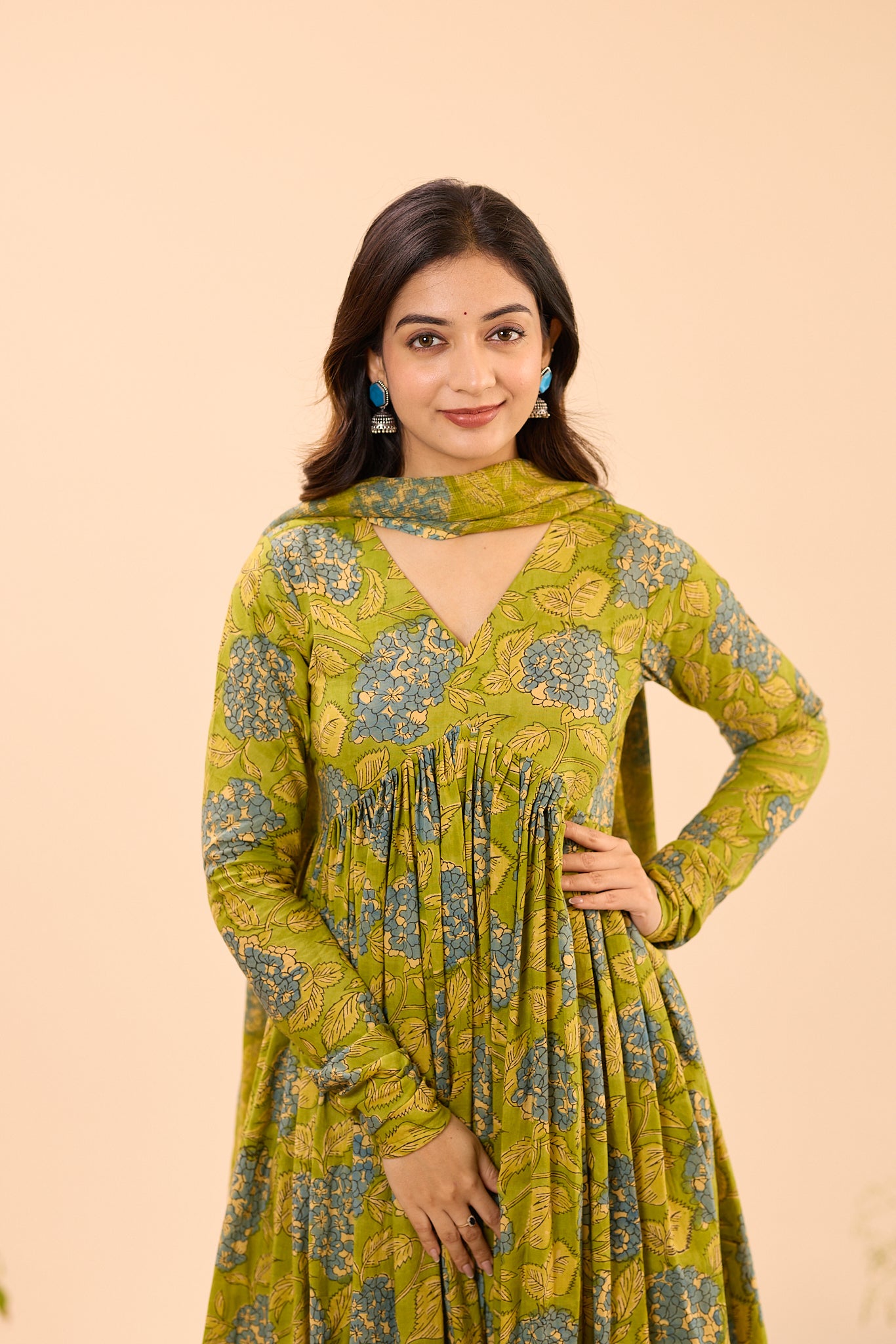 Leafy green with Blue Floral Printed Alia Cut Cotton Suit Set